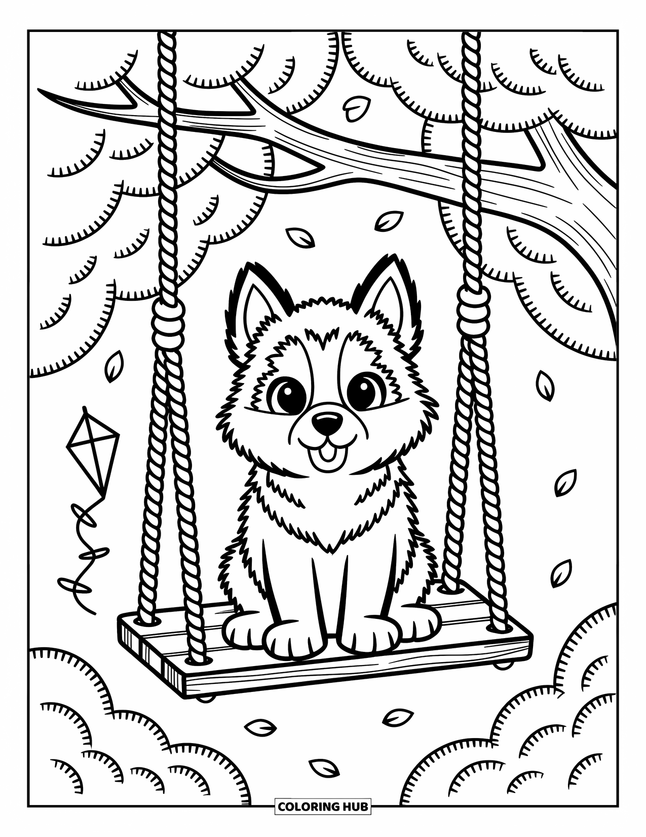 Husky Puppy Coloring Page for Adults: Husky on a swing under soft trees with a kite in the branches