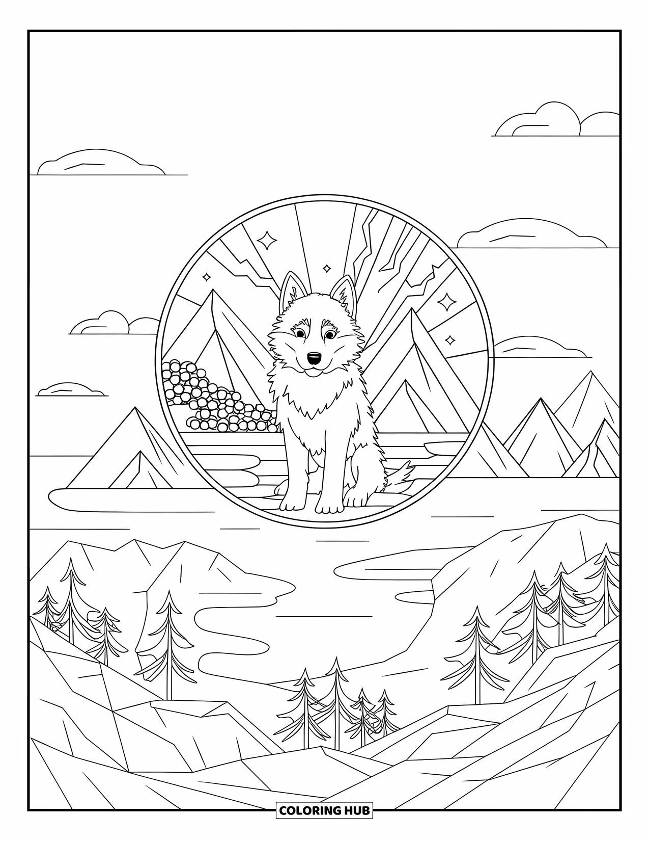 Husky Puppy Coloring Page for Adults: Husky on rocks inside a mountain-themed stained-glass circle under clouds