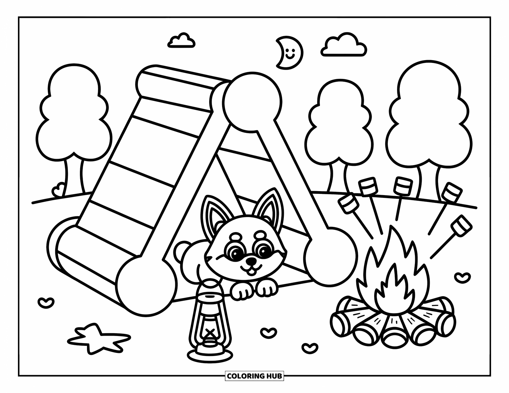Husky Puppy Coloring Page for Adults: Husky peeks from a dog bone tent with a lantern and campfire nearby