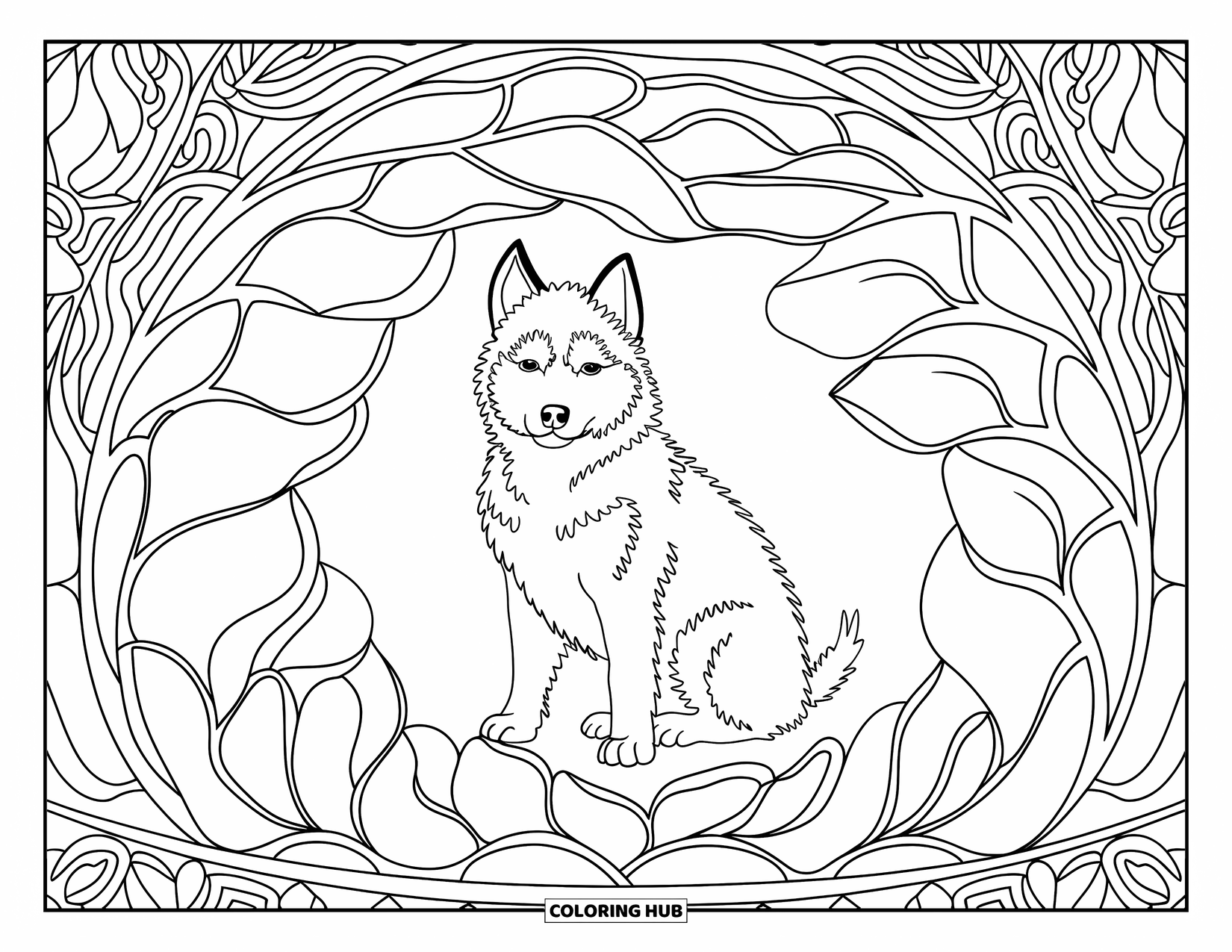 Husky Puppy Coloring Page for Adults: Husky puppy sits beneath a stained-glass forest dome with flowing shapes