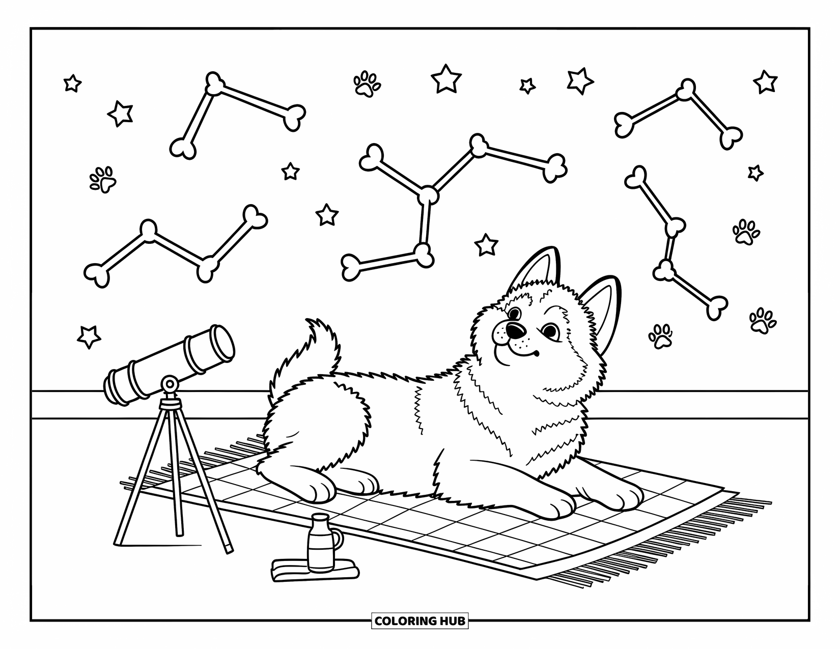 Husky Puppy Coloring Page for Adults: Husky puppy watches bone constellations from a cozy rooftop