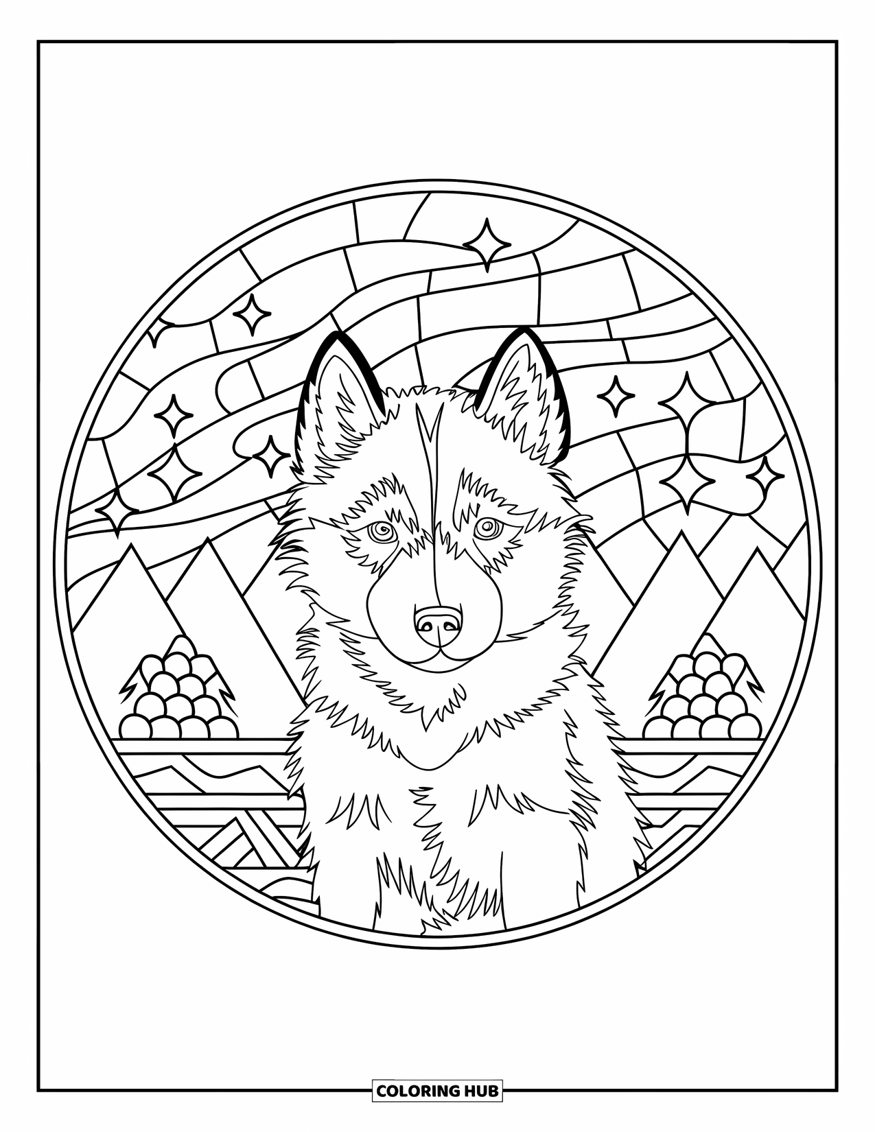 Husky Puppy Coloring Page for Adults: Husky sits inside a stained-glass circle with stars and mountain peaks