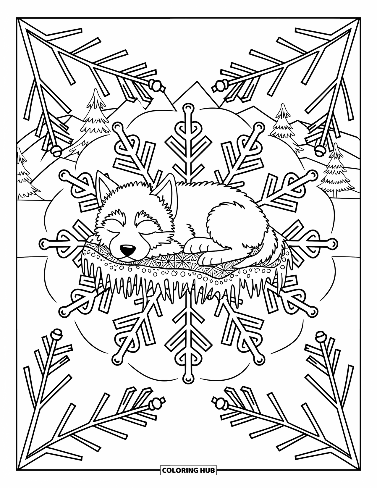 Husky Puppy Coloring Page for Adults: Husky sleeps among snowflakes, icicles, and forest patterns