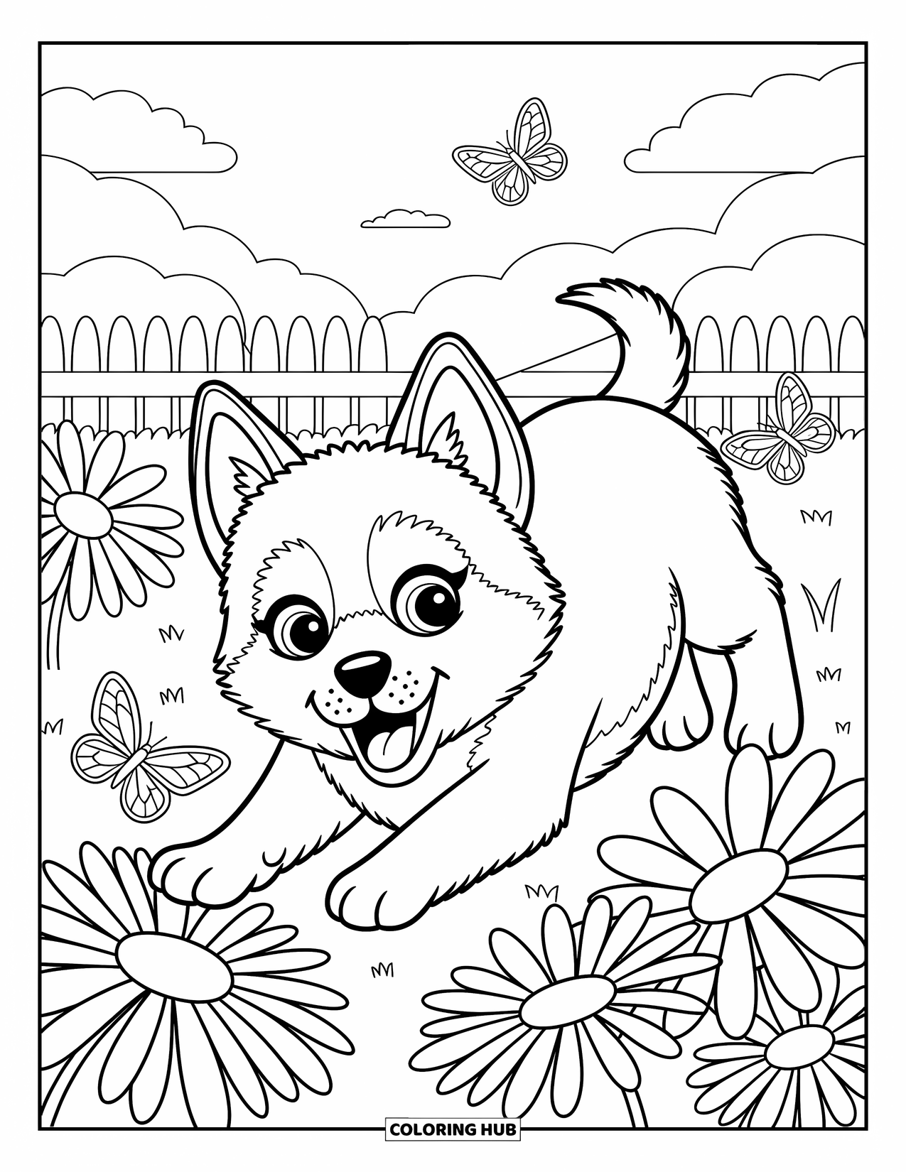 Husky Puppy Coloring Page for Adults: Joyful pup plays in a meadow of daisies and butterflies by a fence