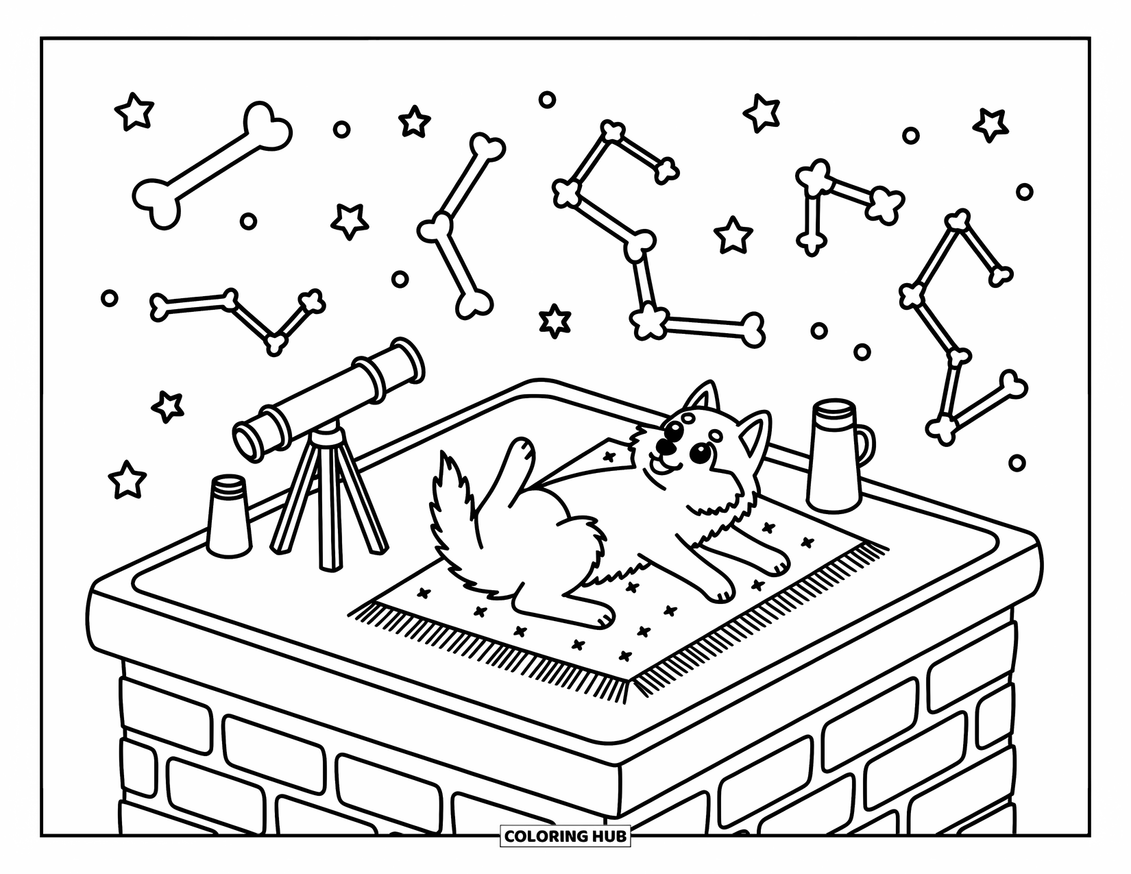 Husky Puppy Coloring Page for Adults: Playful pup stargazes on a roof with a blanket, thermos, and telescope