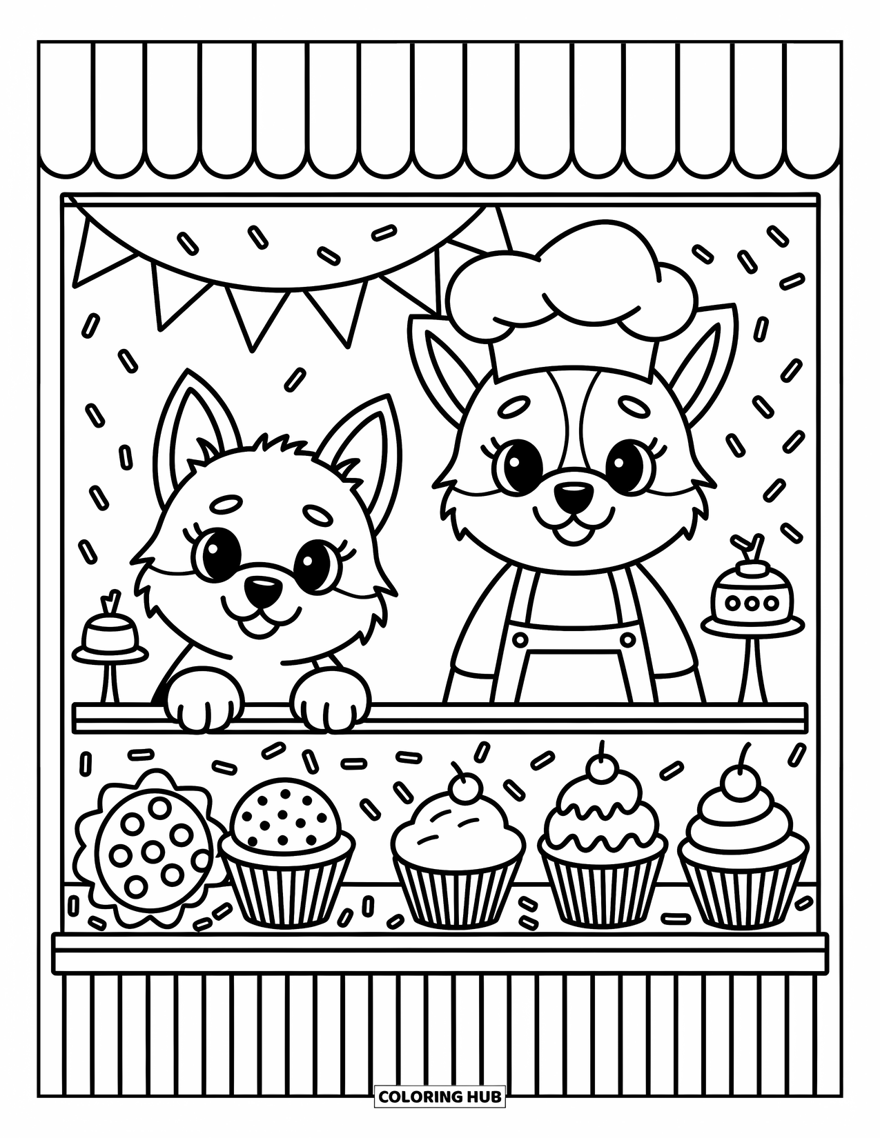 Husky Puppy Coloring Page for Adults: Pup peeks through a bakery window at cookies and a chef puppy inside