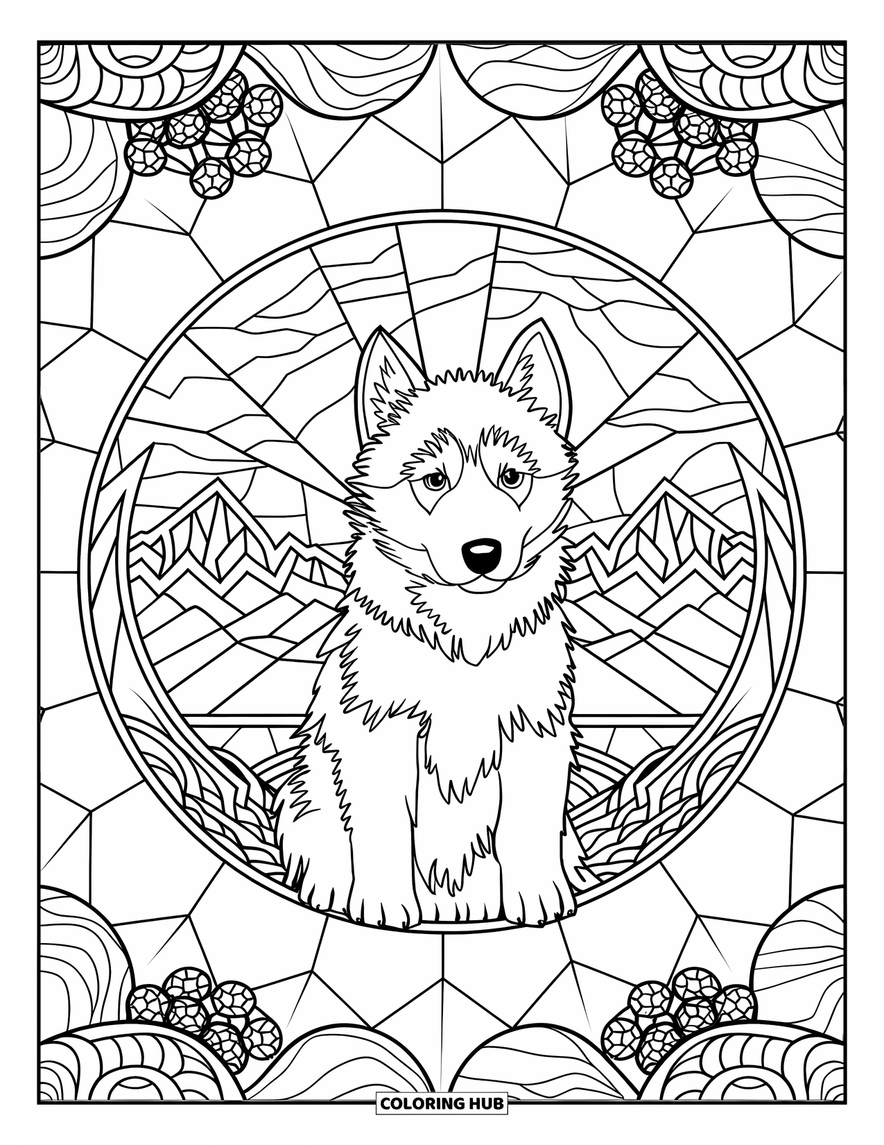 Husky Puppy Coloring Page for Adults: Puppy inside a circle of northern lights, stars, and snowy mountains