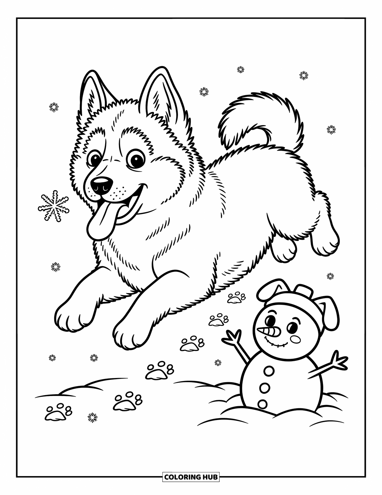 Husky Puppy Coloring Page for Adults: Puppy jumps in snow, tongue out, while snowman with dog ears smiles nearby