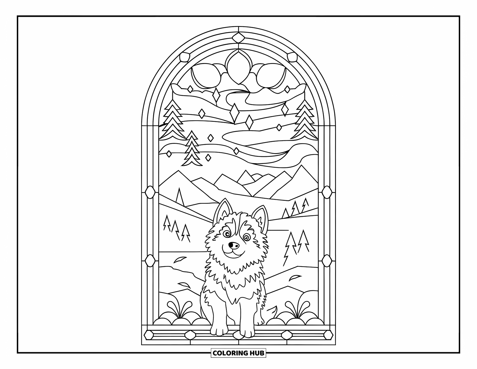 Husky Puppy Coloring Page for Adults: Puppy looks up at a stained-glass window filled with trees and sky