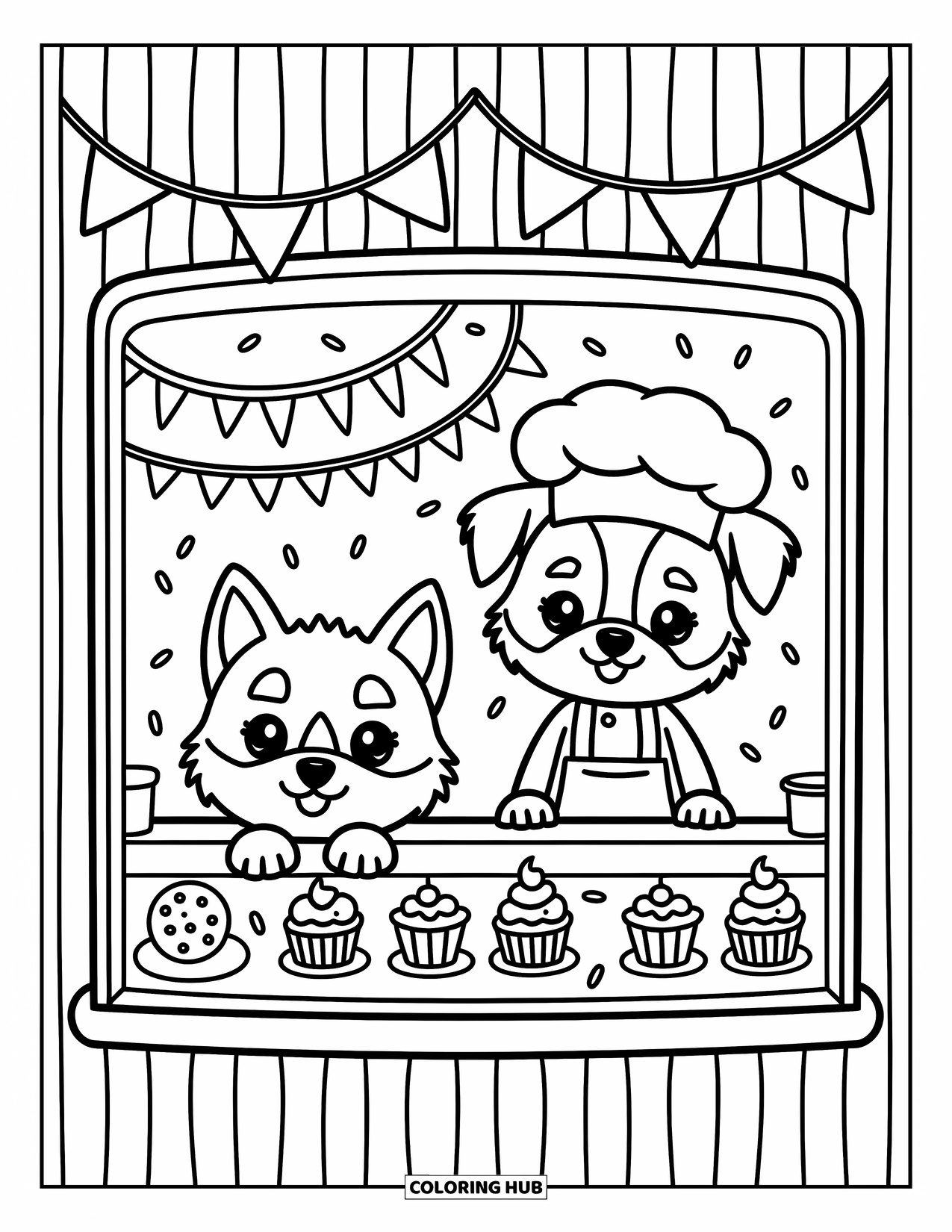 Husky Puppy Coloring Page for Adults: Puppy peeks into a bakery window with cupcakes and a puppy baker inside