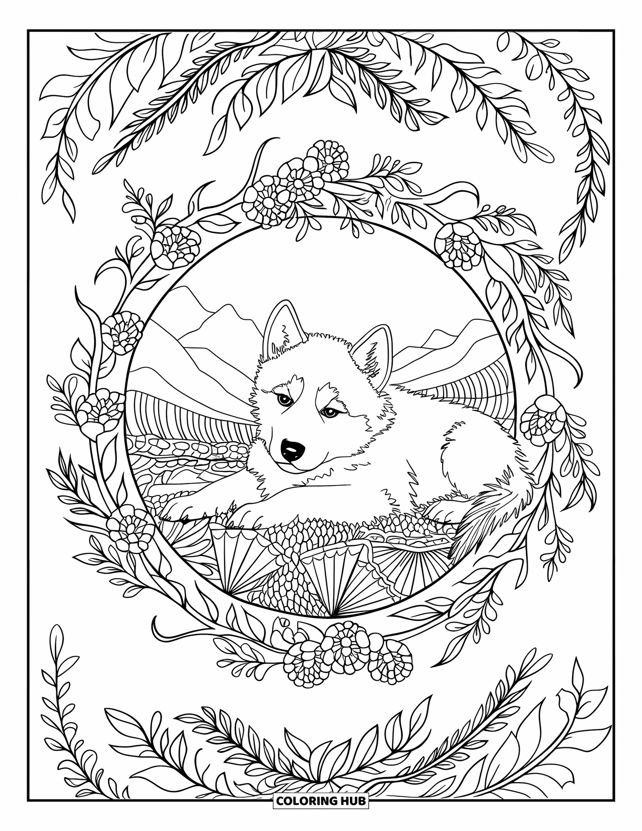 Husky Puppy Coloring Page for Adults: Puppy rests in a mandala of herbs, flowers, and a mountain view