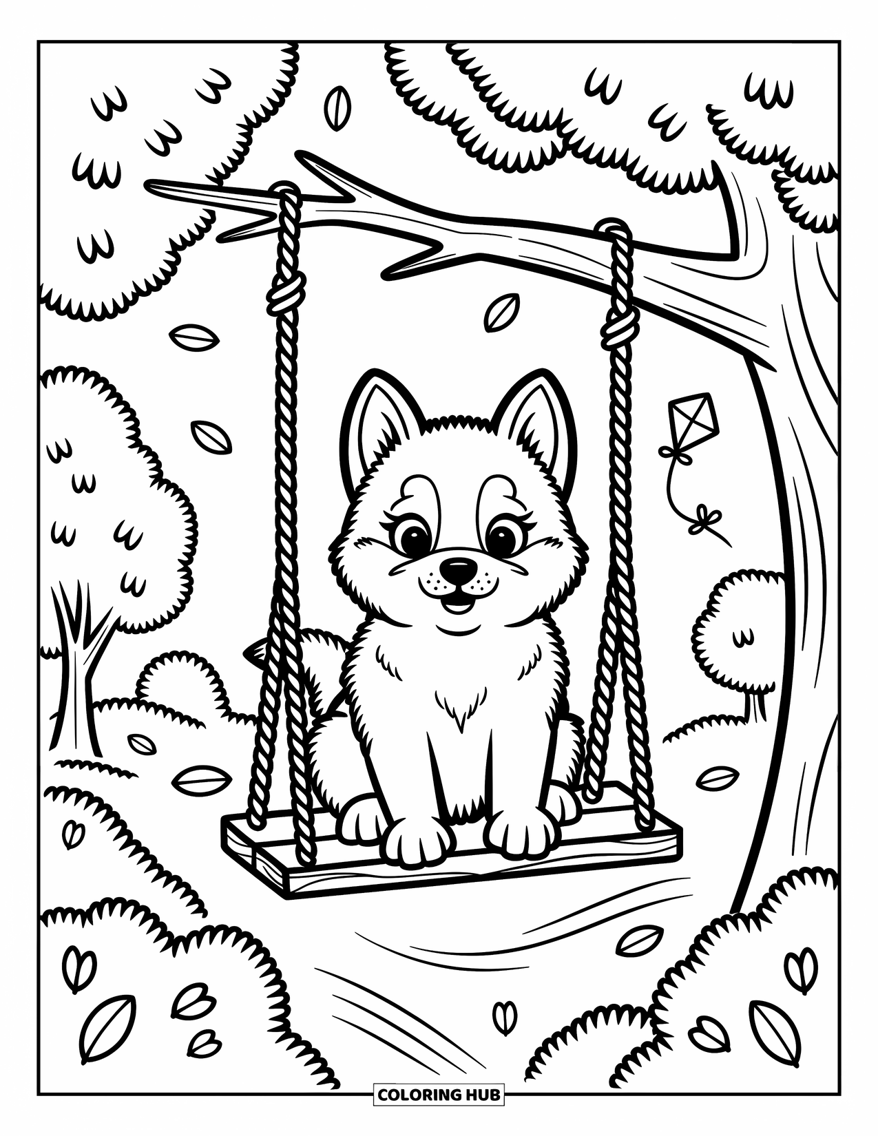 Husky Puppy Coloring Page for Adults: Puppy rides a wooden swing with petals and trees all around