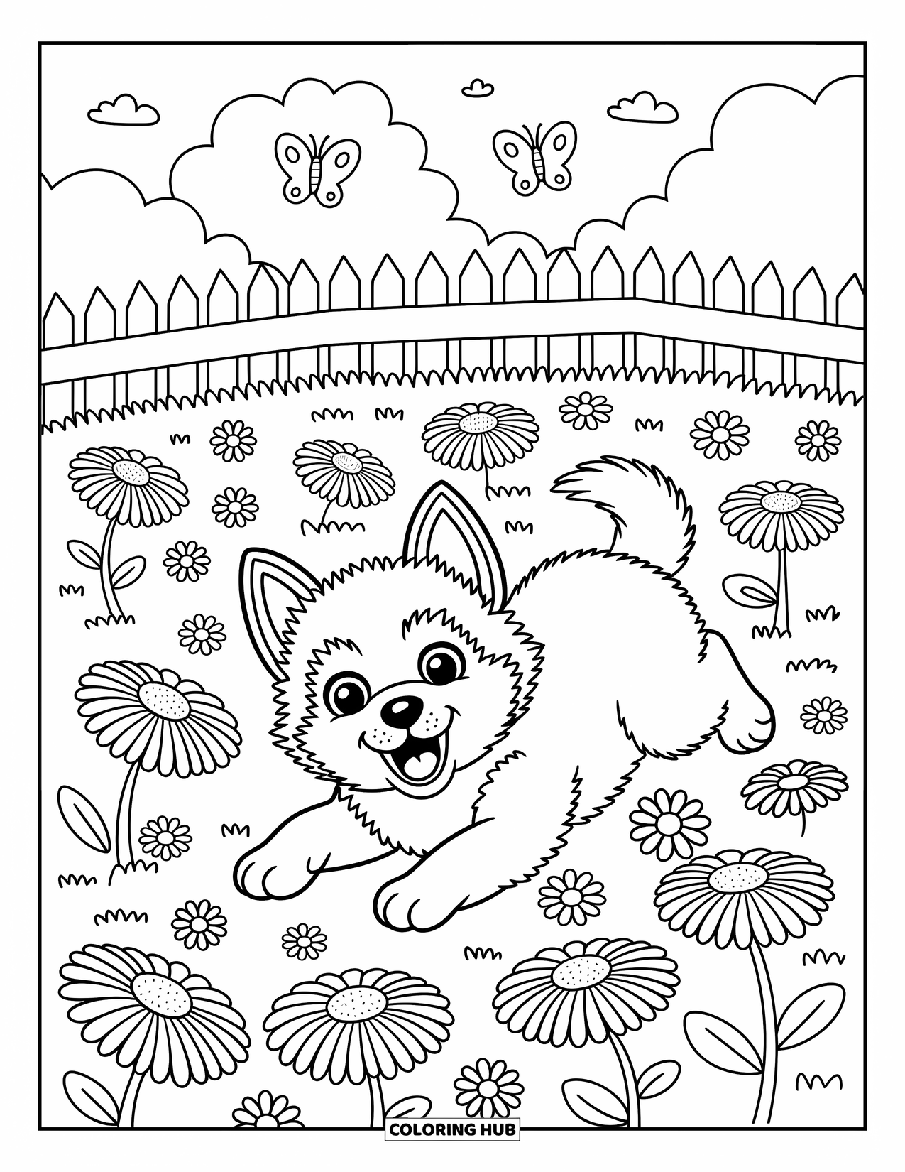 Husky Puppy Coloring Page for Adults: Puppy rolls in daisies with butterflies fluttering in a peaceful meadow