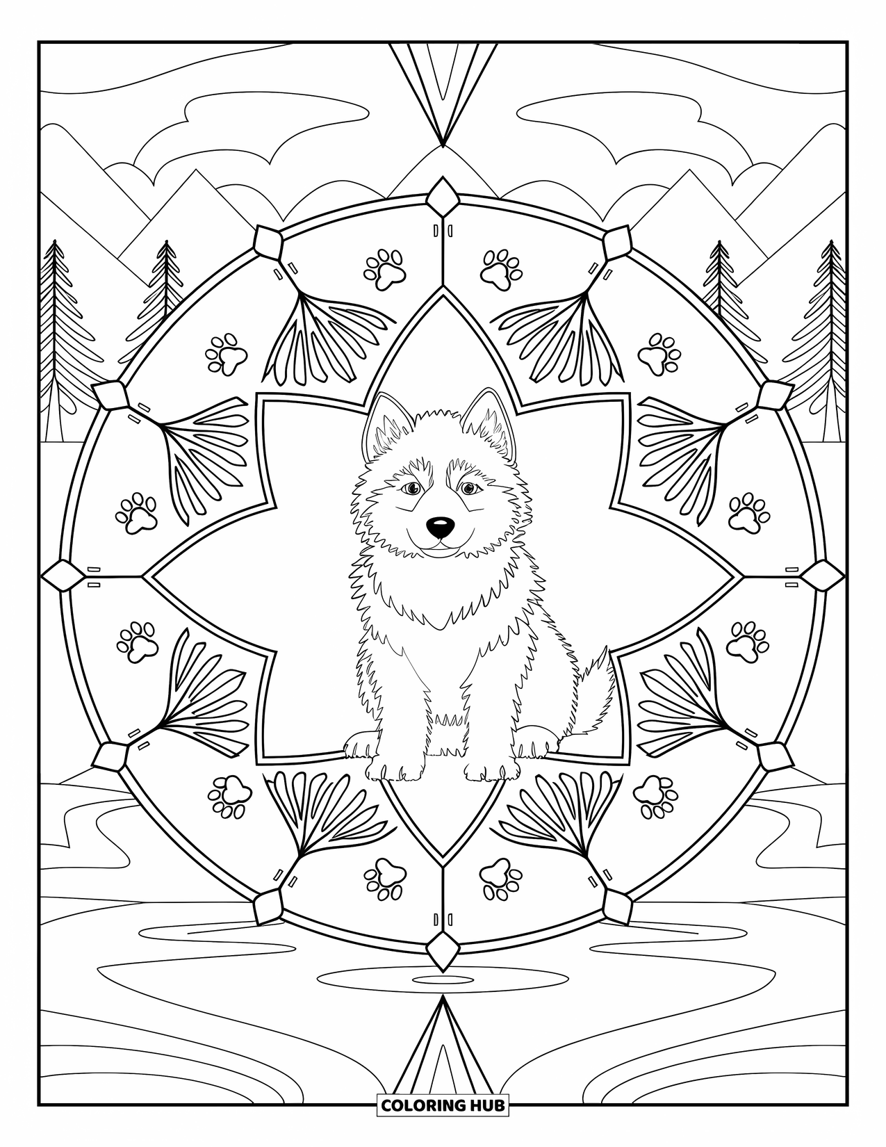 Husky Puppy Coloring Page for Adults: Puppy sits inside a mandala with trees and mountain views