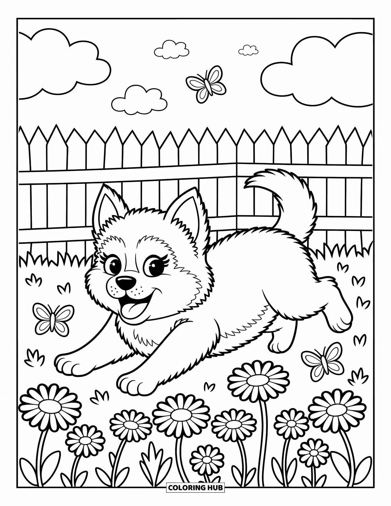 Husky Puppy Coloring Page for Adults: Rolling puppy reaches for butterflies in a flower-filled countryside
