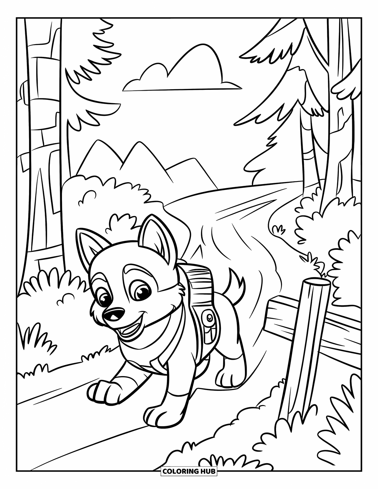 Husky Puppy Coloring Page for Kids: Adventurous puppy with a backpack explores a trail through the trees