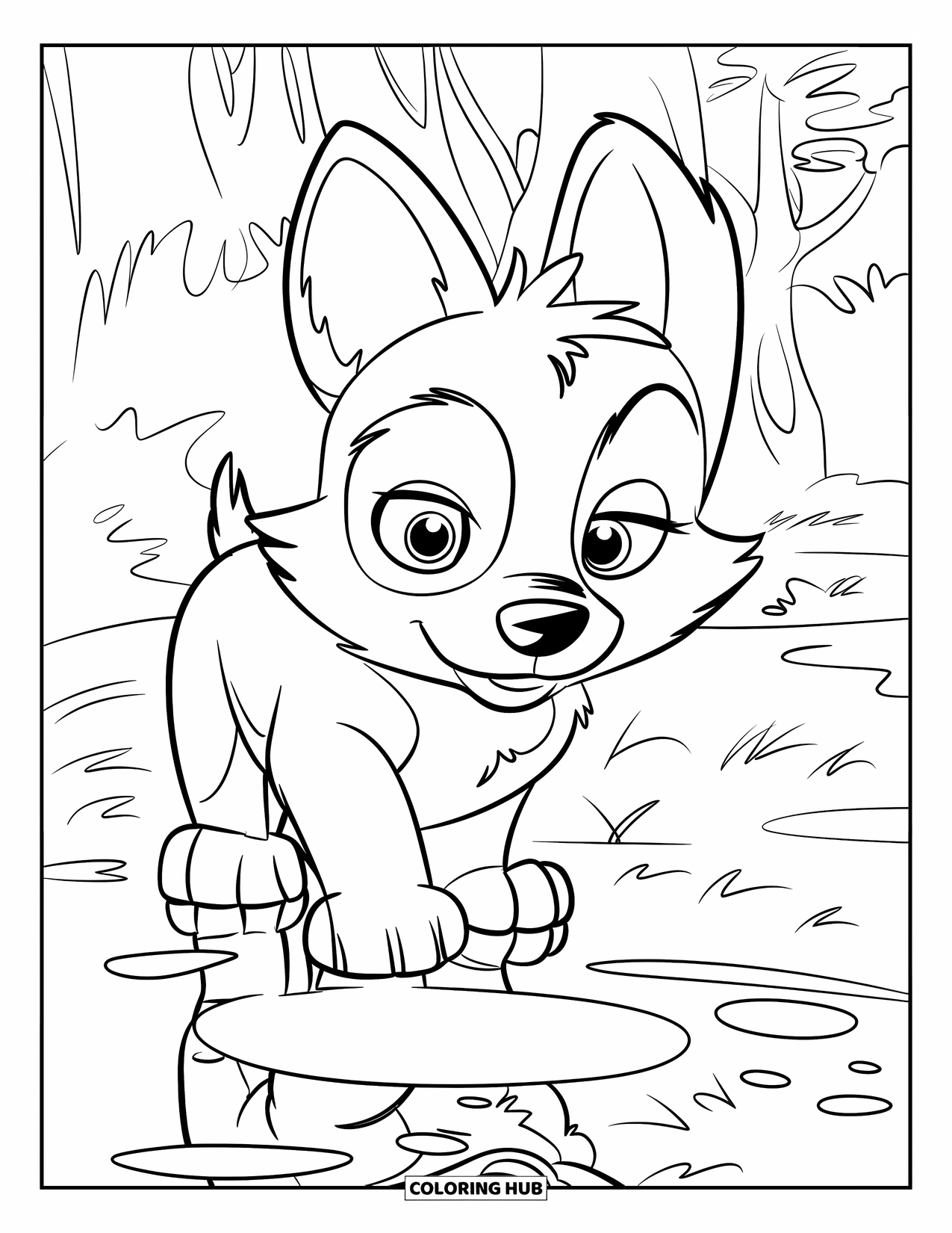 Husky Puppy Coloring Page for Kids: Curious husky looks into a puddle surrounded by forest trees