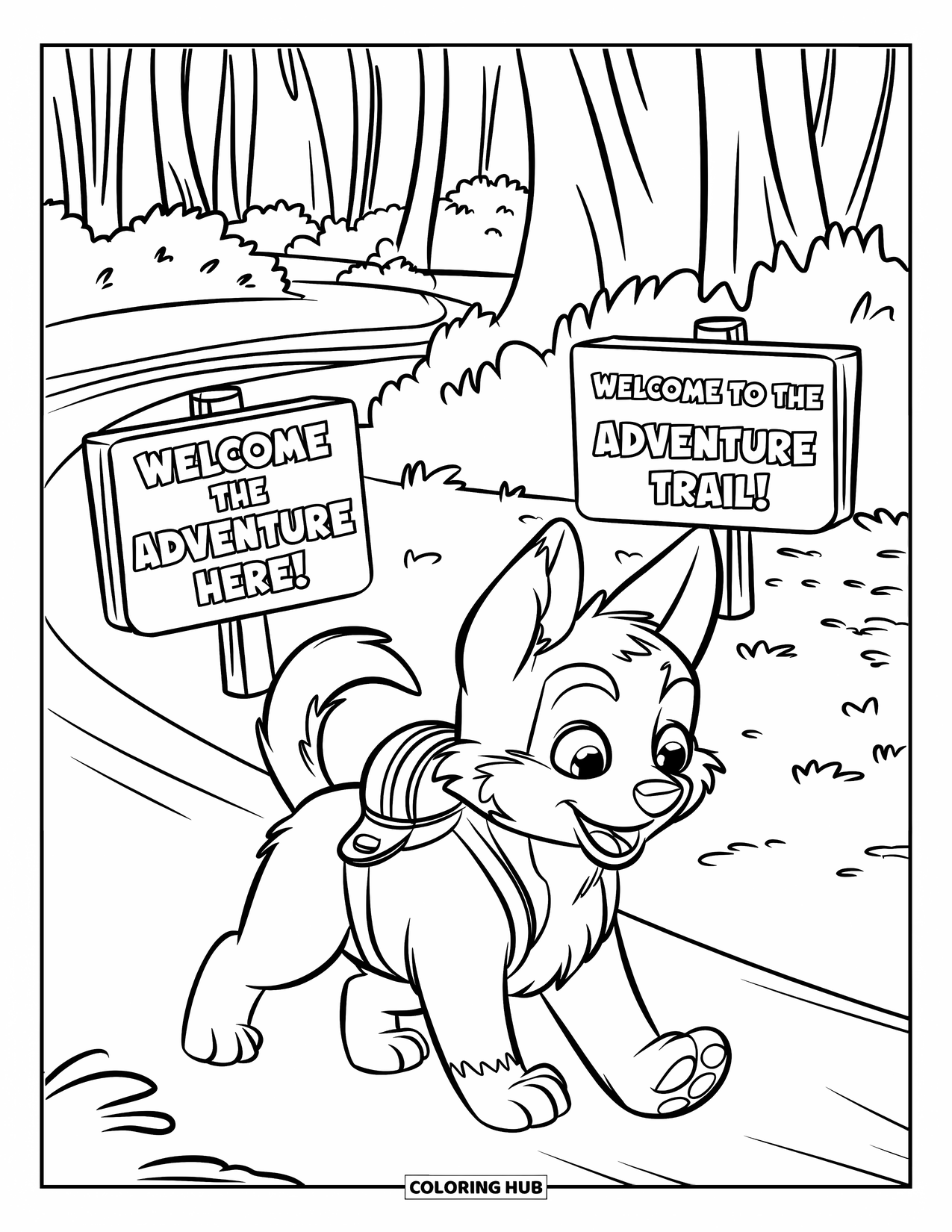 Husky Puppy Coloring Page for Kids: Curious pup on a trail with adventure signs and tall trees