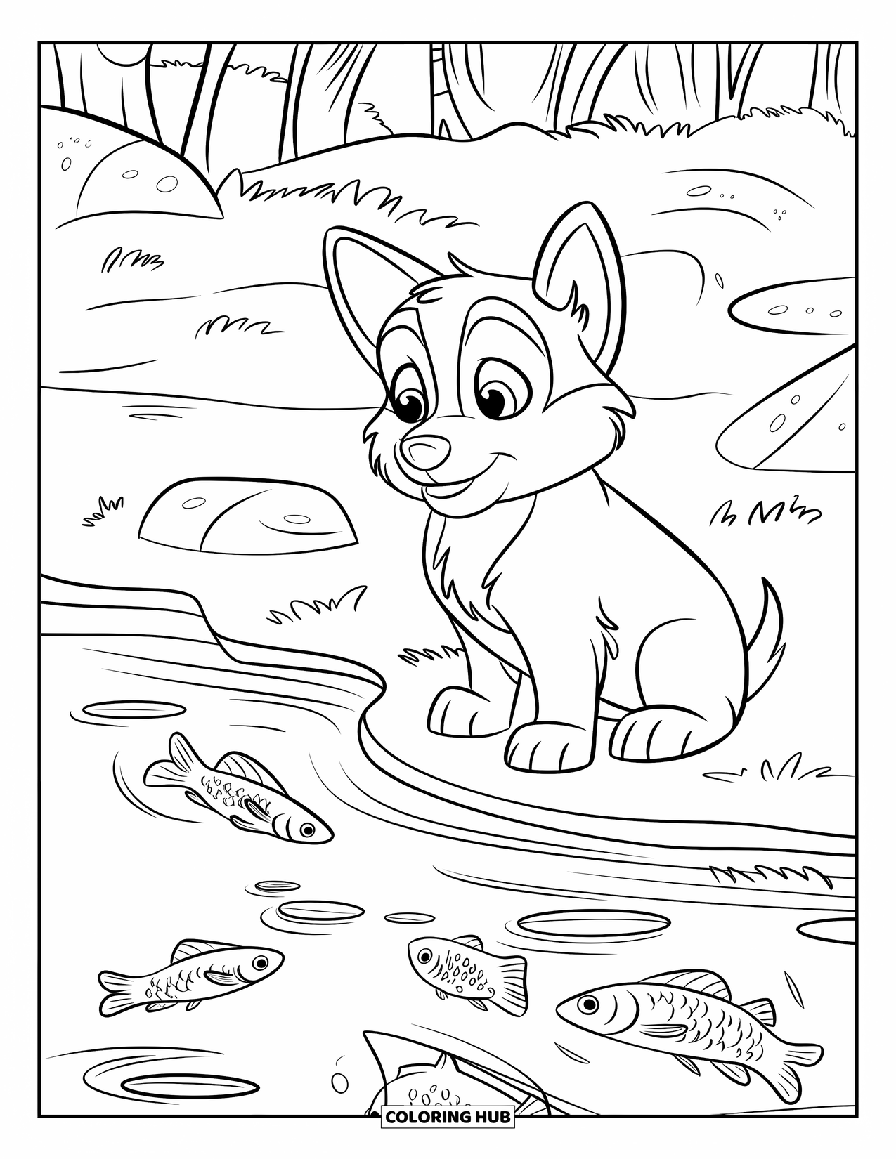 Husky Puppy Coloring Page for Kids: Curious puppy sits near a stream, watching fish jump and splash