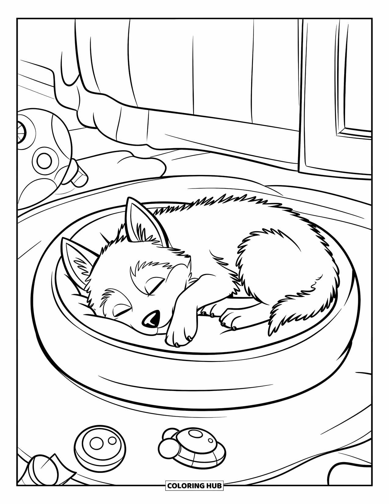 Husky Puppy Coloring Page for Kids: Curled-up puppy sleeps on a round bed in a cozy toy-filled room