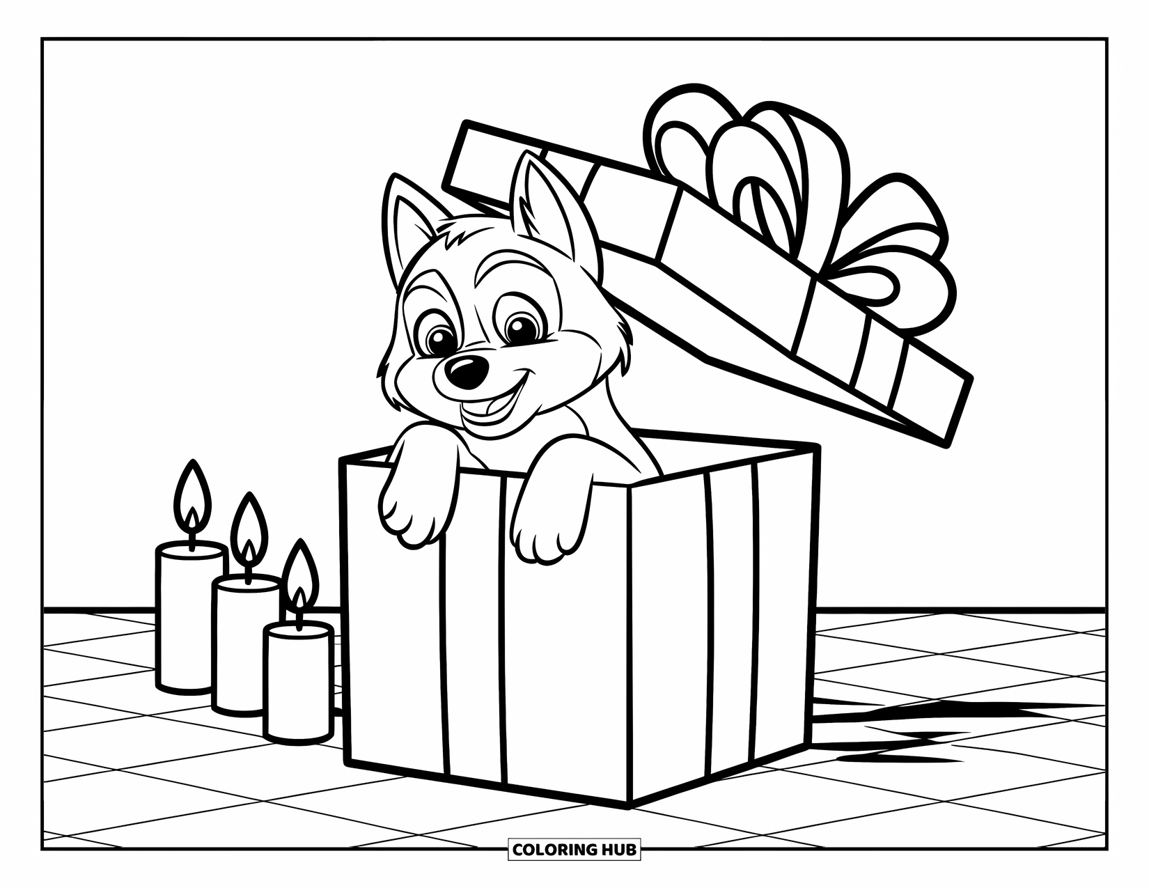 Husky Puppy Coloring Page for Kids: Cute husky in a gift box with candles on a checkered floor