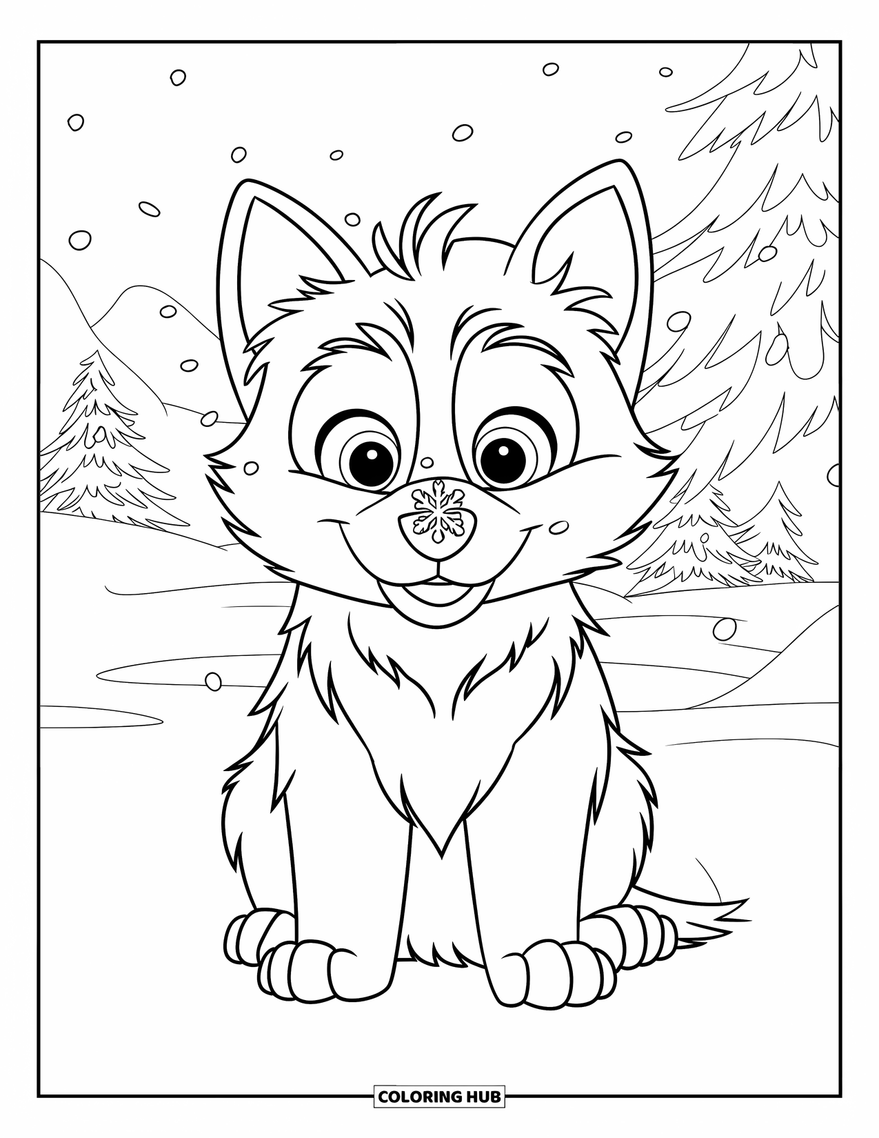 Husky Puppy Coloring Page for Kids: Fluffy husky catches snowflakes on its nose in a snowy forest