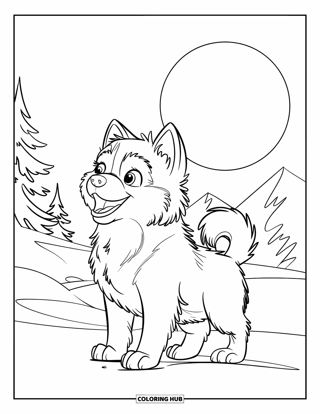 Husky Puppy Coloring Page for Kids: Fluffy husky howls on snow under a glowing full moon