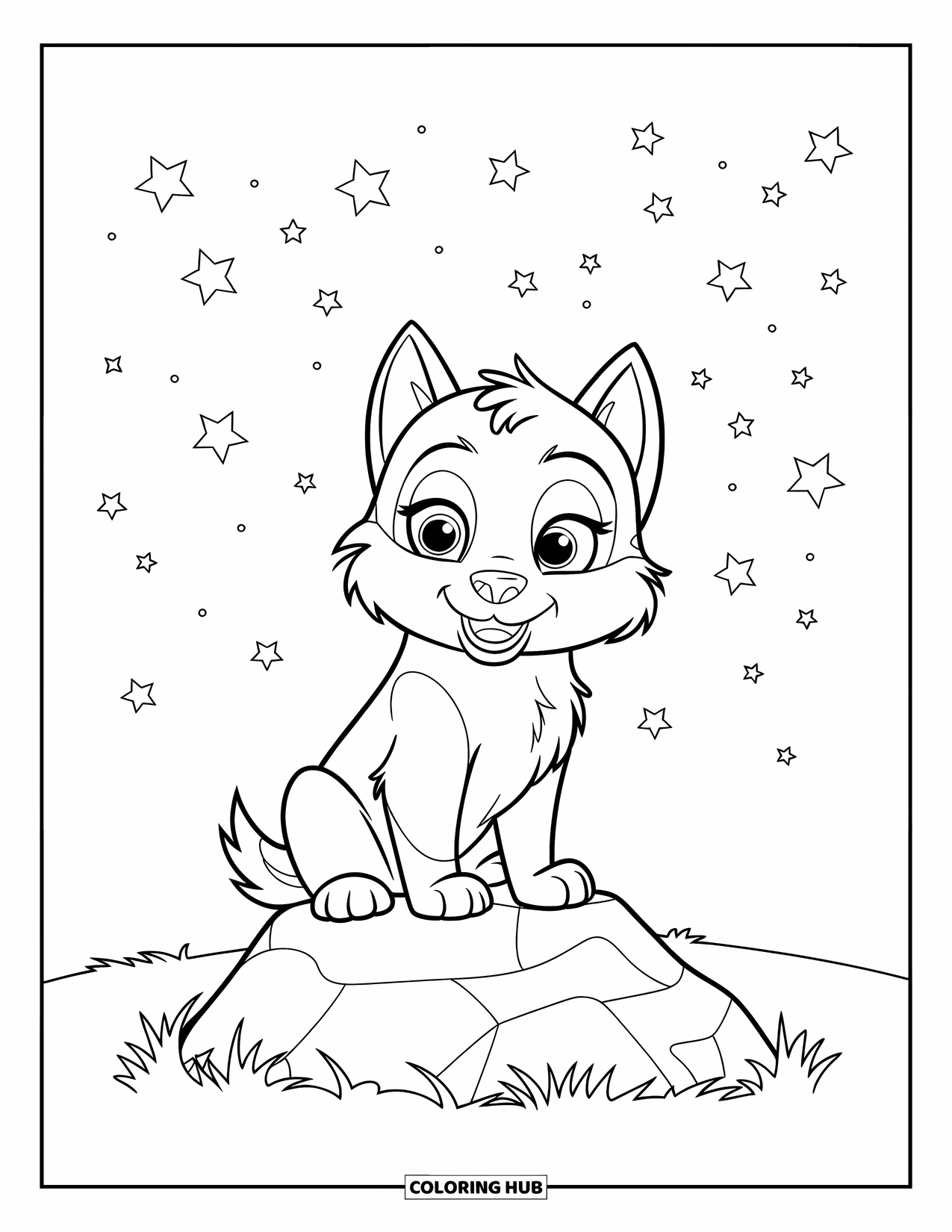 Husky Puppy Coloring Page for Kids: Fluffy pup gazes at the stars from a quiet grassy field
