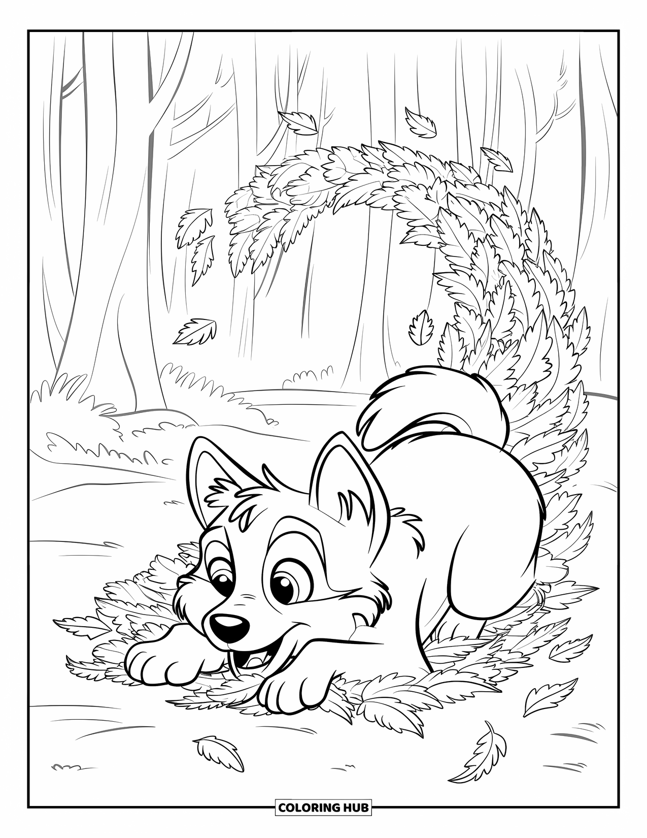 Husky Puppy Coloring Page for Kids: Fluffy pup plays in swirling leaves in a peaceful forest