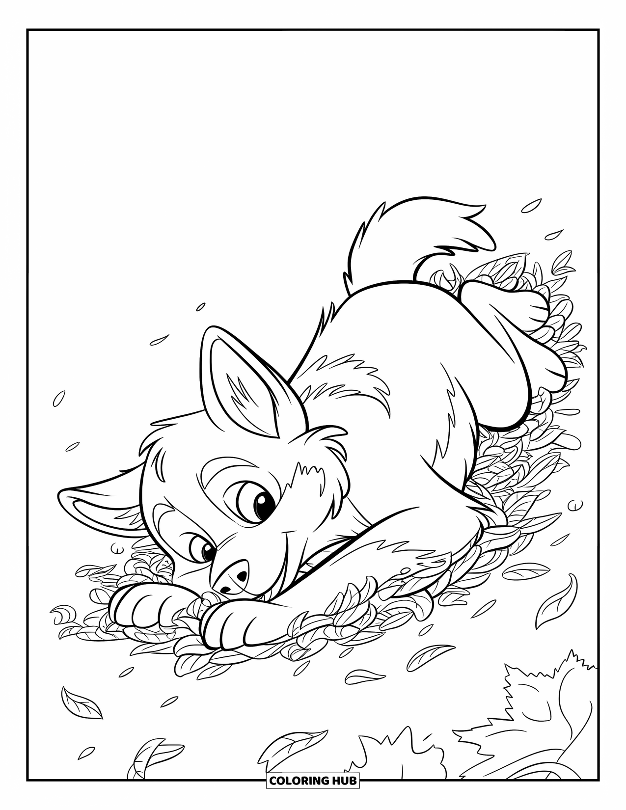 Husky Puppy Coloring Page for Kids: Happy husky rolls in a leafy pile under a golden autumn tree