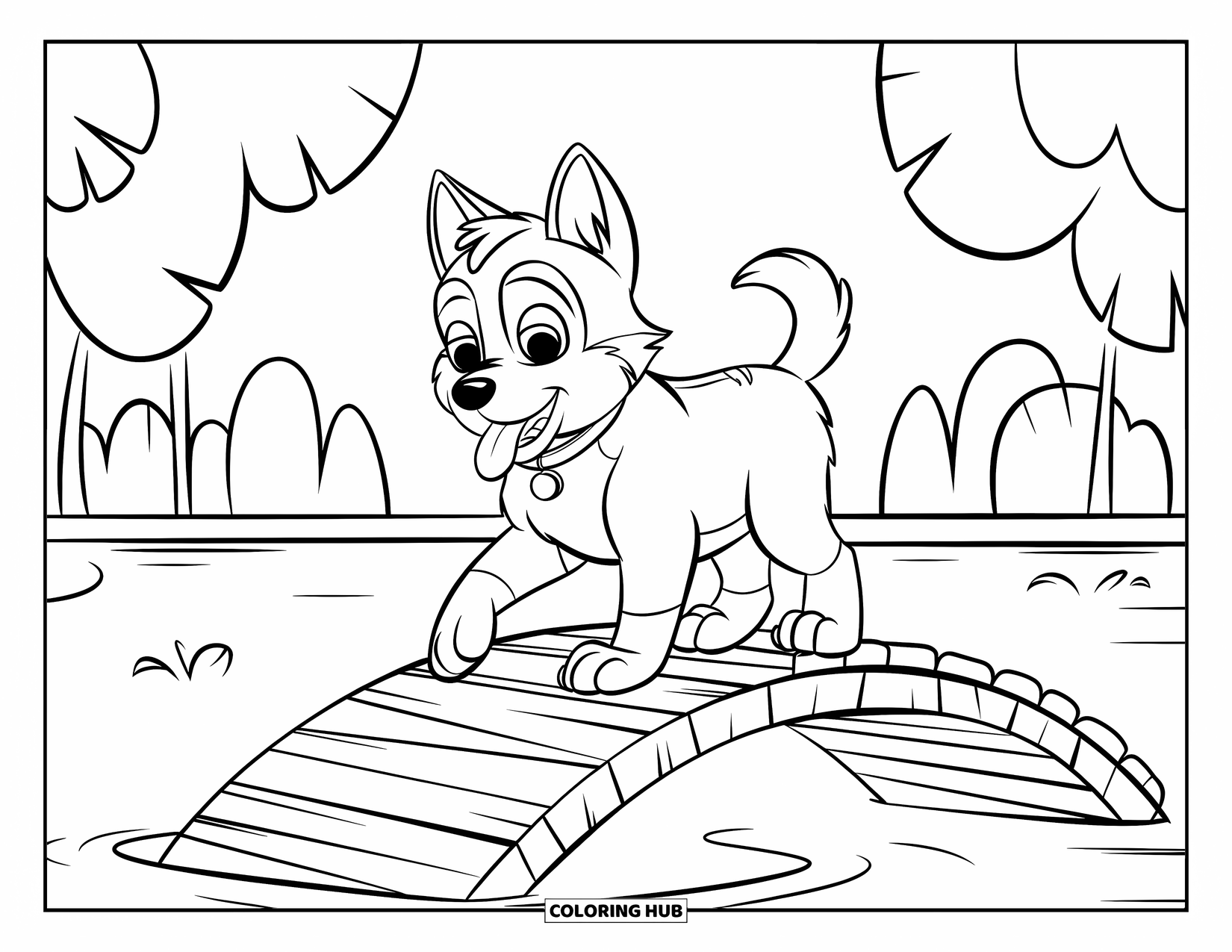 Husky Puppy Coloring Page for Kids: Happy puppy with tongue out crossing a bridge near leafy trees