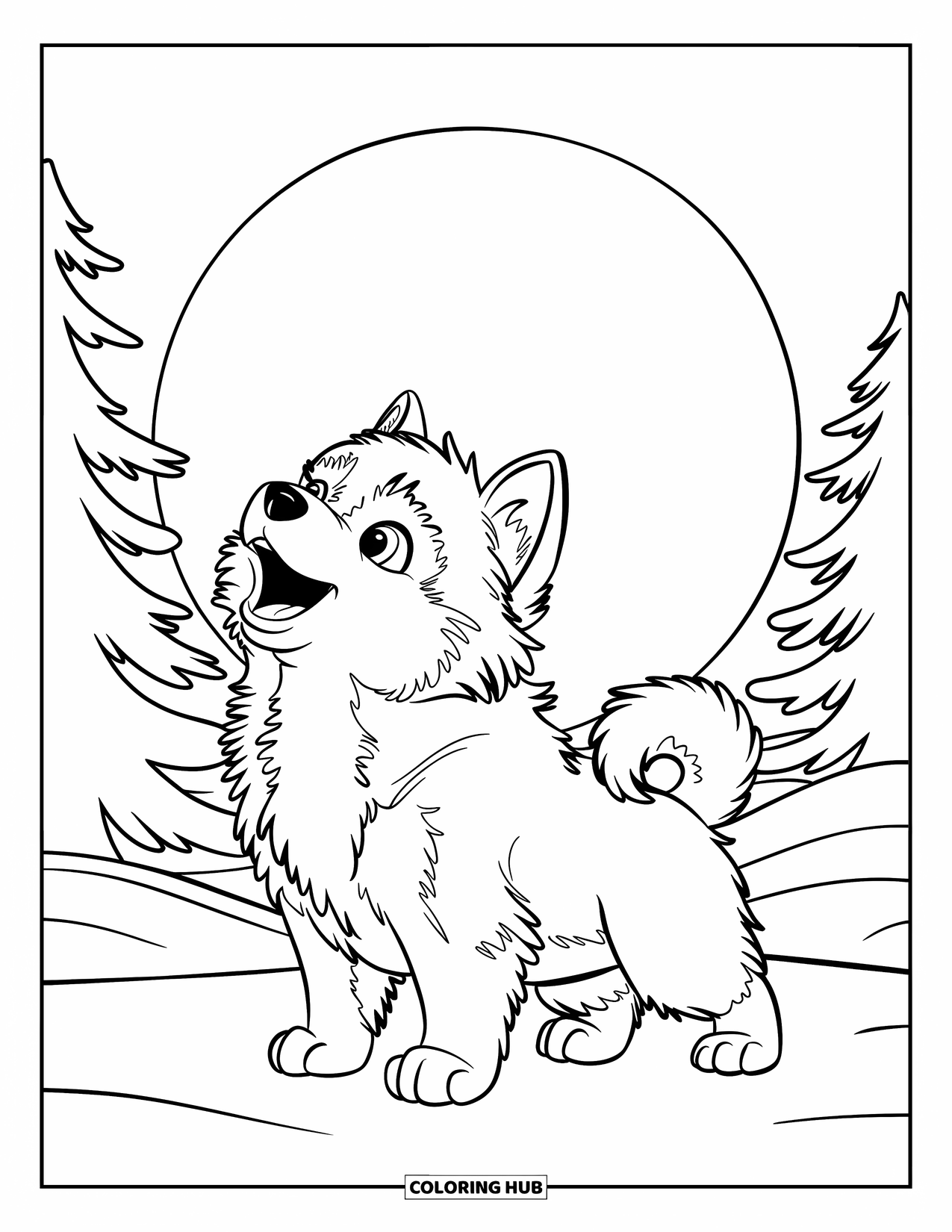 Husky Puppy Coloring Page for Kids: Howling husky stands on snow beneath a moon with trees around