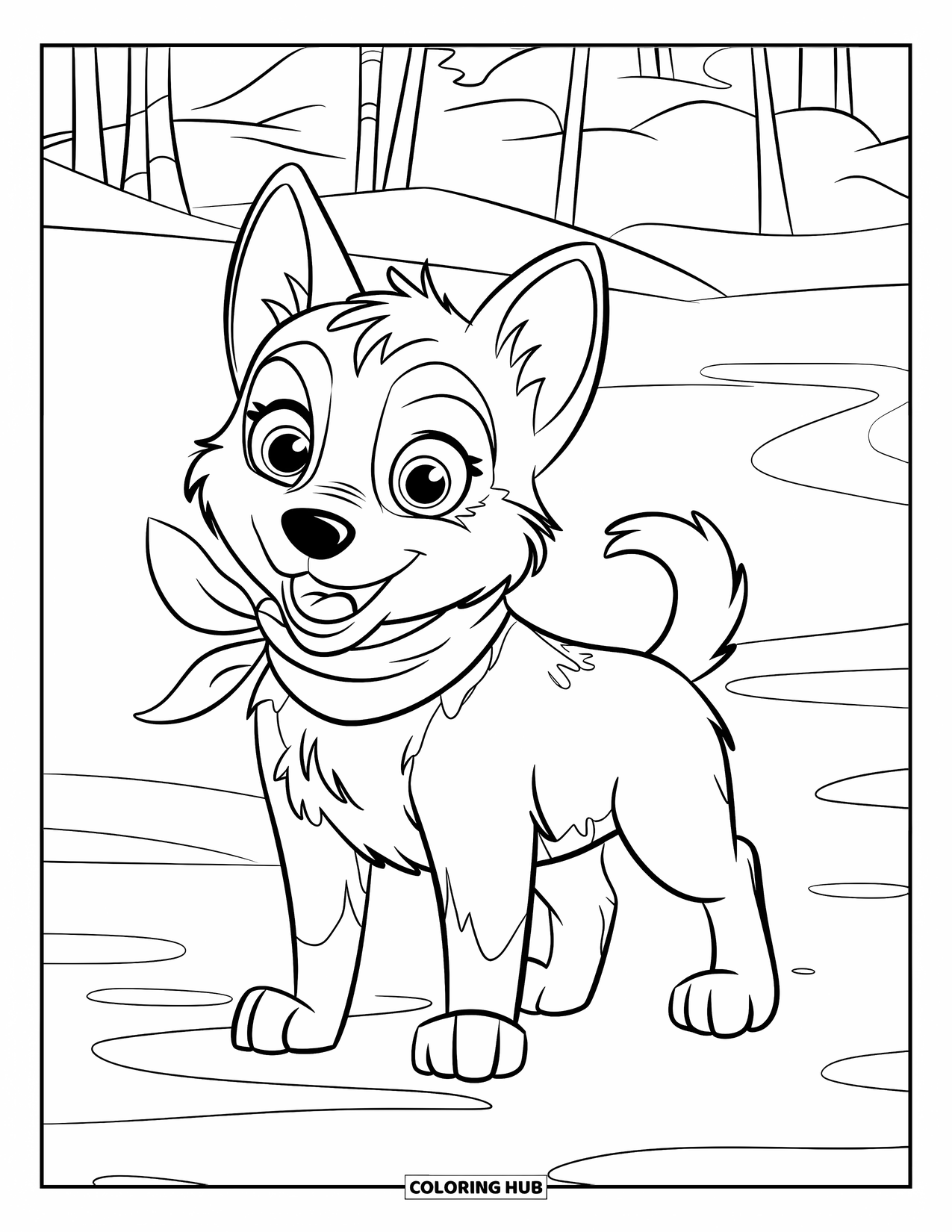 Husky Puppy Coloring Page for Kids: Husky in a scarf stands on snowy ground near trees