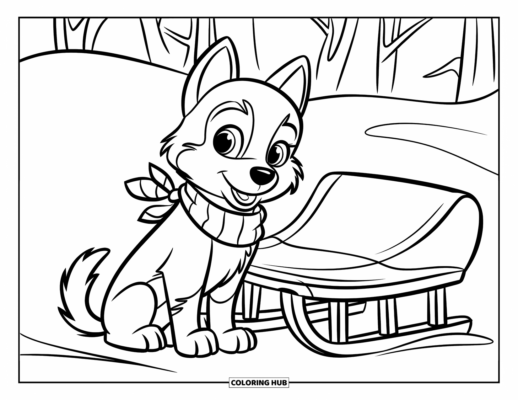 Husky Puppy Coloring Page for Kids: Husky in a warm scarf resting next to a parked sled