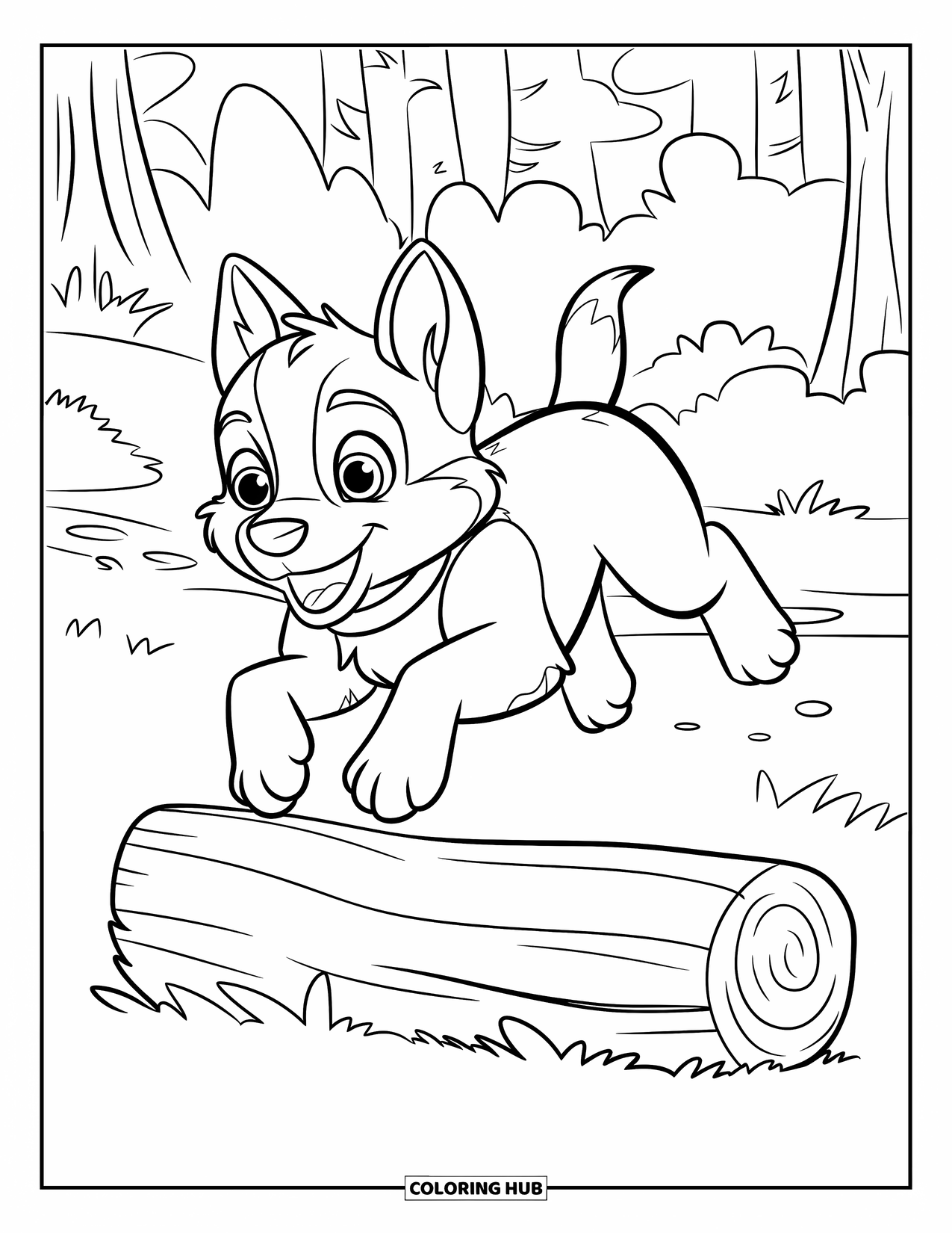 Husky Puppy Coloring Page for Kids: Husky jumps over a log on a wooded trail with a smile