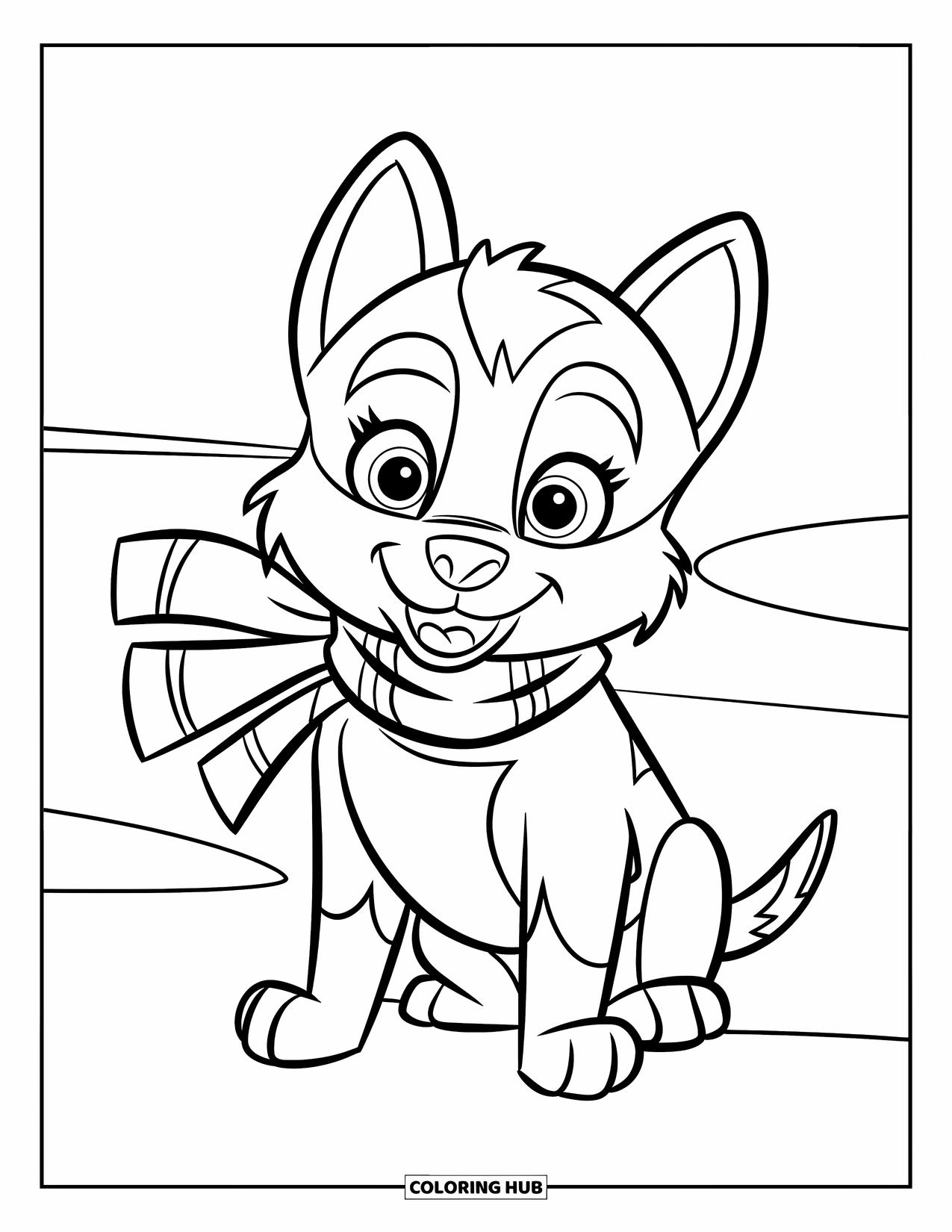 Husky Puppy Coloring Page for Kids: Husky puppy in a scarf sits on snowy ground with big, simple shapes