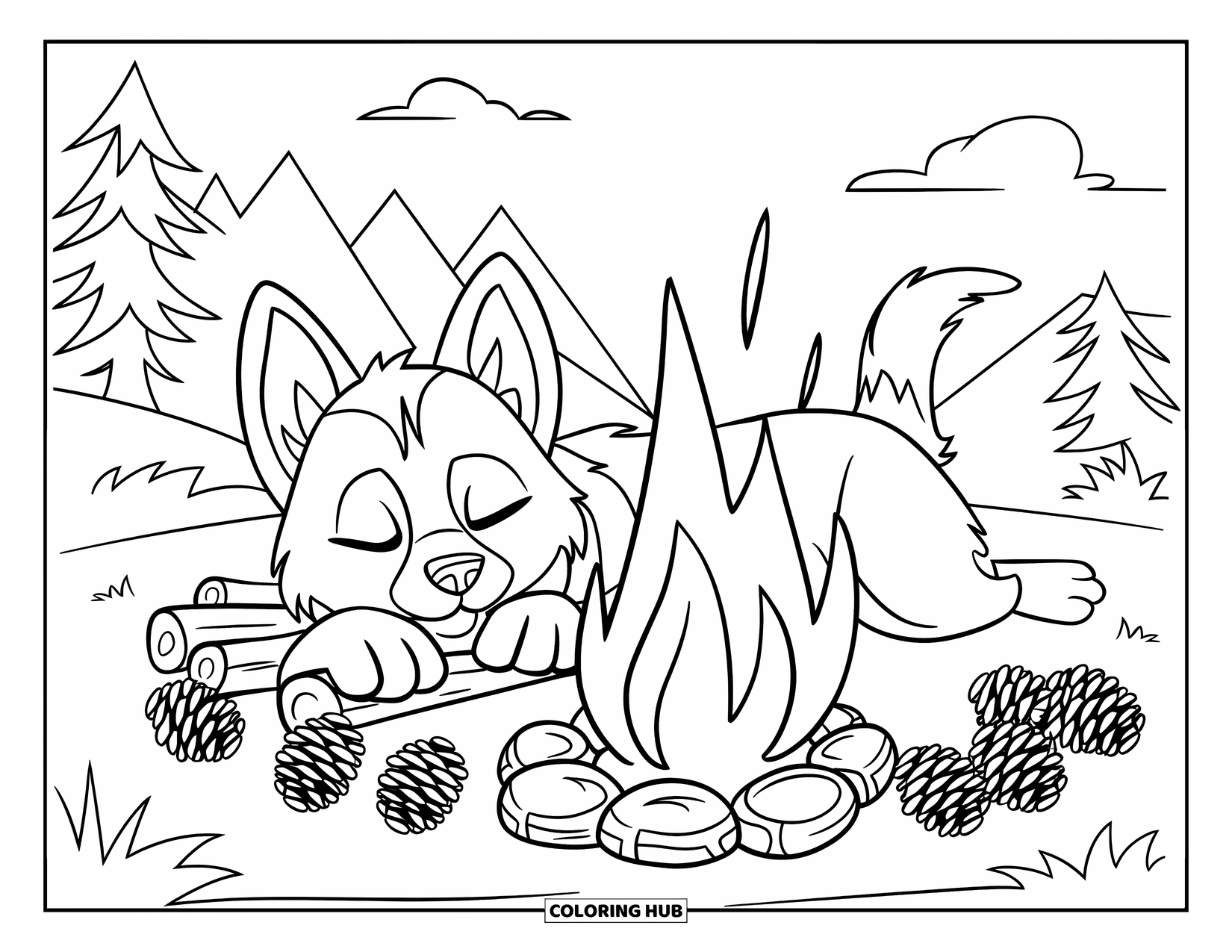Husky Puppy Coloring Page for Kids: Husky puppy napping by a campfire with pinecones all around