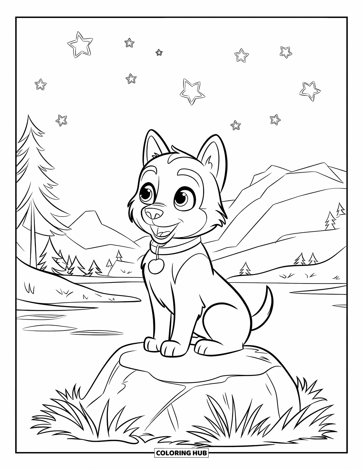 Husky Puppy Coloring Page for Kids: Husky puppy sits on a rock, gazing up at the stars