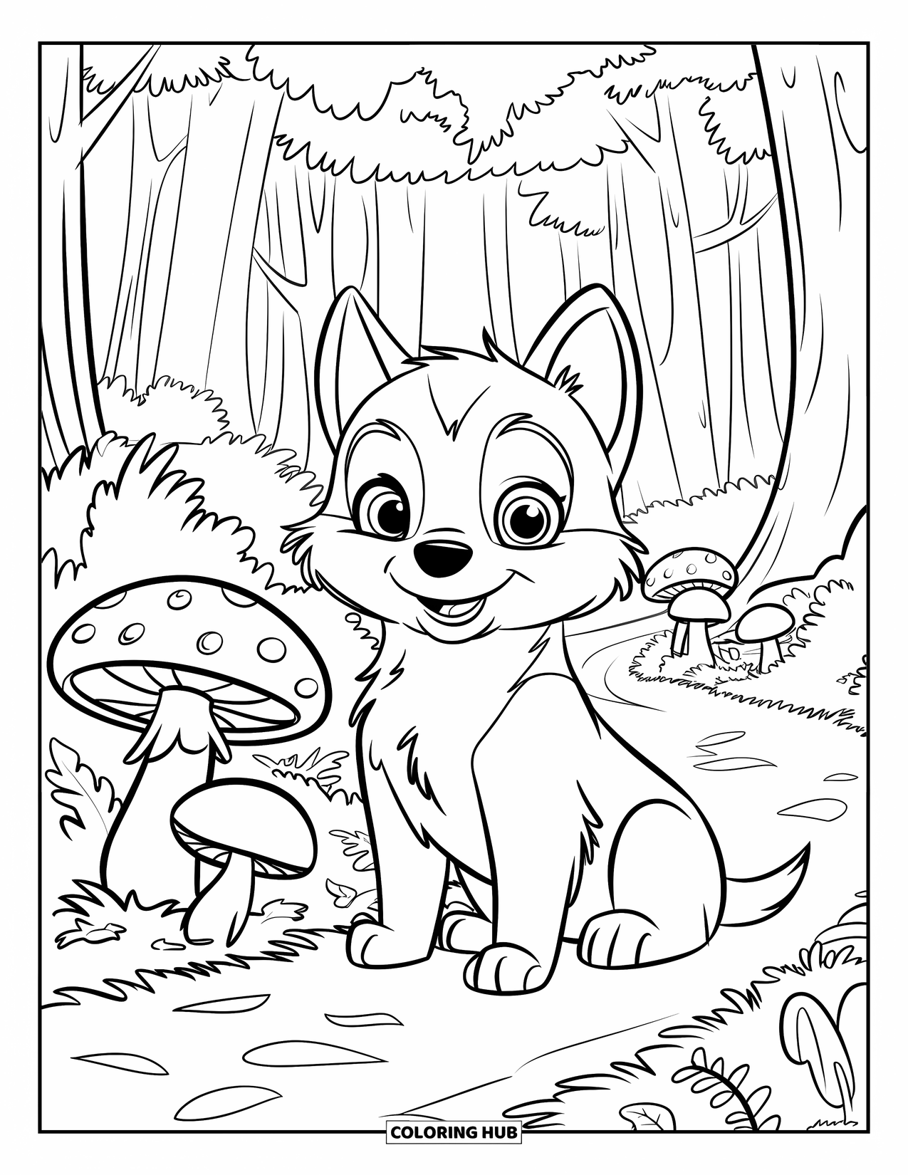 Husky Puppy Coloring Page for Kids: Husky sitting quietly on a trail with mushrooms and forest trees