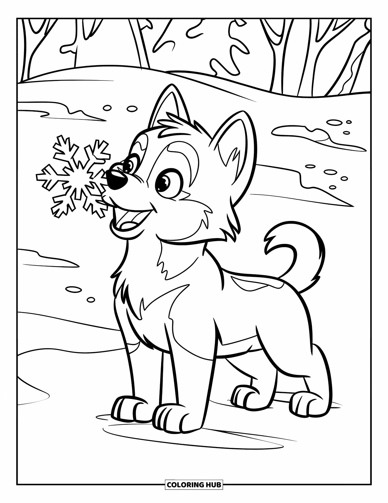Husky Puppy Coloring Page for Kids: Husky stands on snow, catching flakes under snow-dusted trees