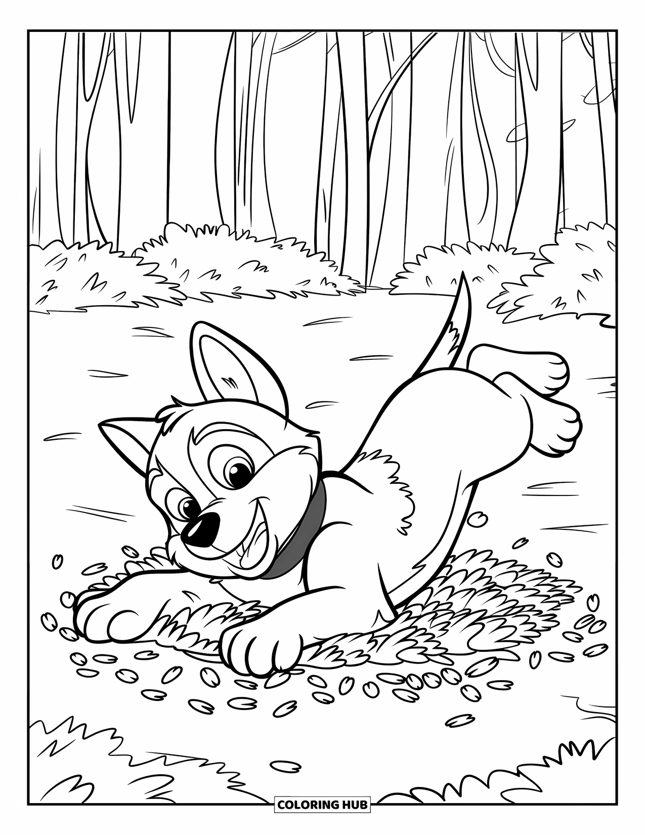 Husky Puppy Coloring Page for Kids: Playful husky rolls in leaves under tall forest trees