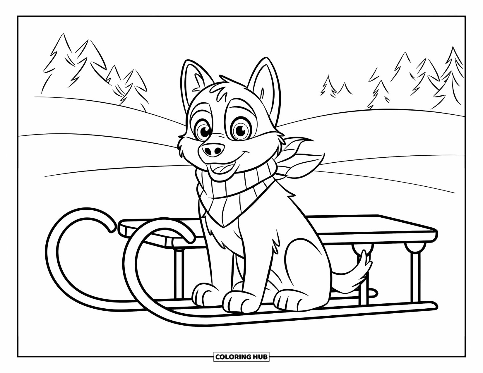 Husky Puppy Coloring Page for Kids: Playful pup in a scarf beside a sled in a winter forest
