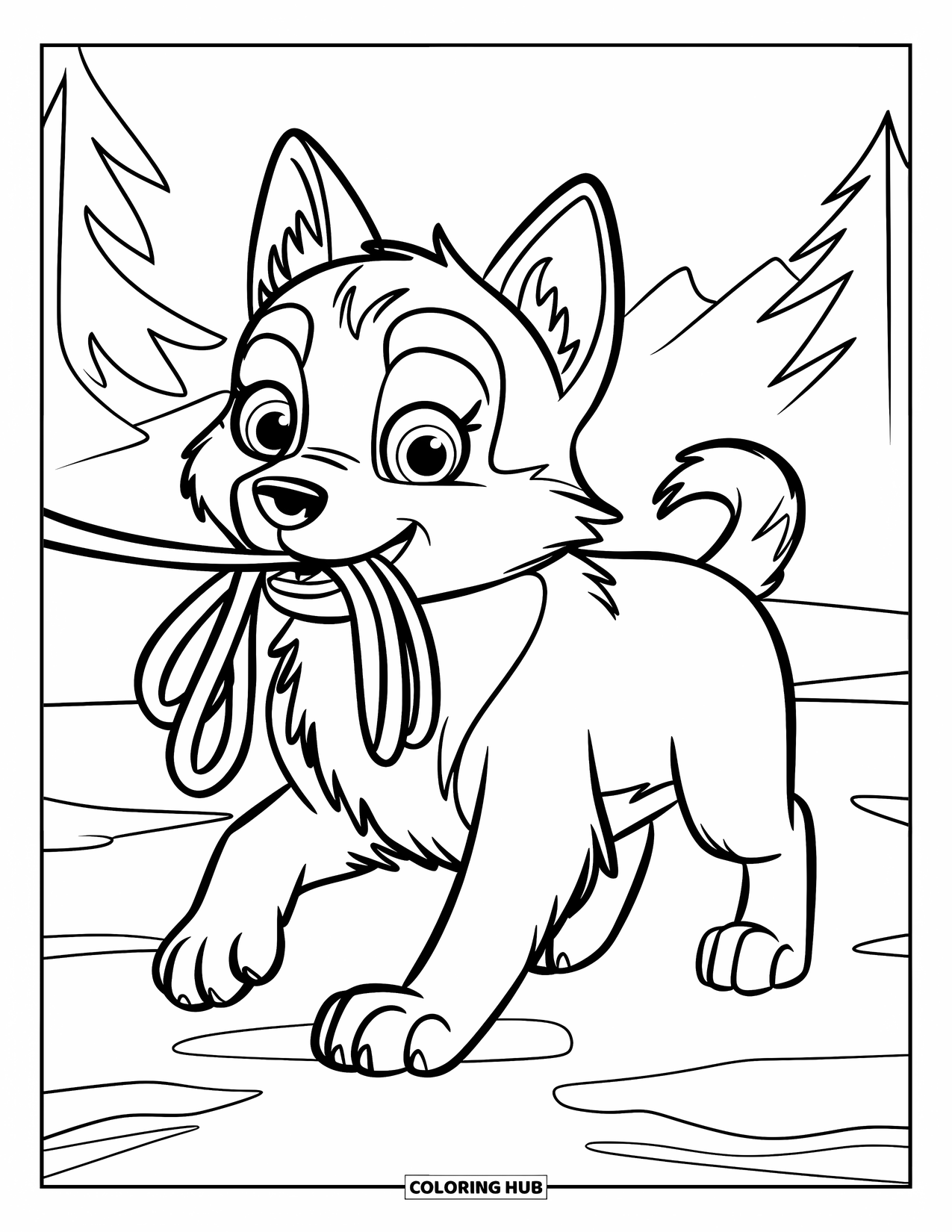 Husky Puppy Coloring Page for Kids: Playful pup waits for a walk on a snowy trail