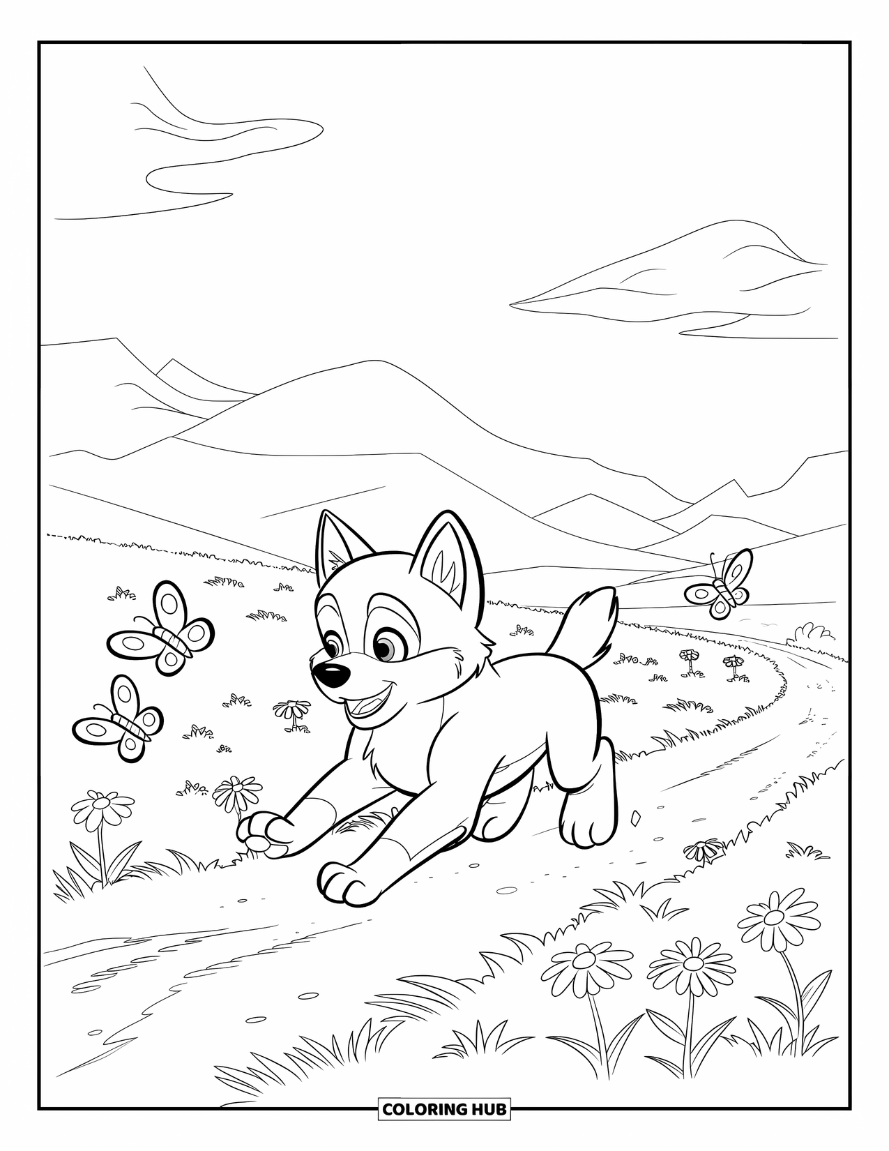 Husky Puppy Coloring Page for Kids: Puppy chases butterflies through a meadow of wildflowers and mountains