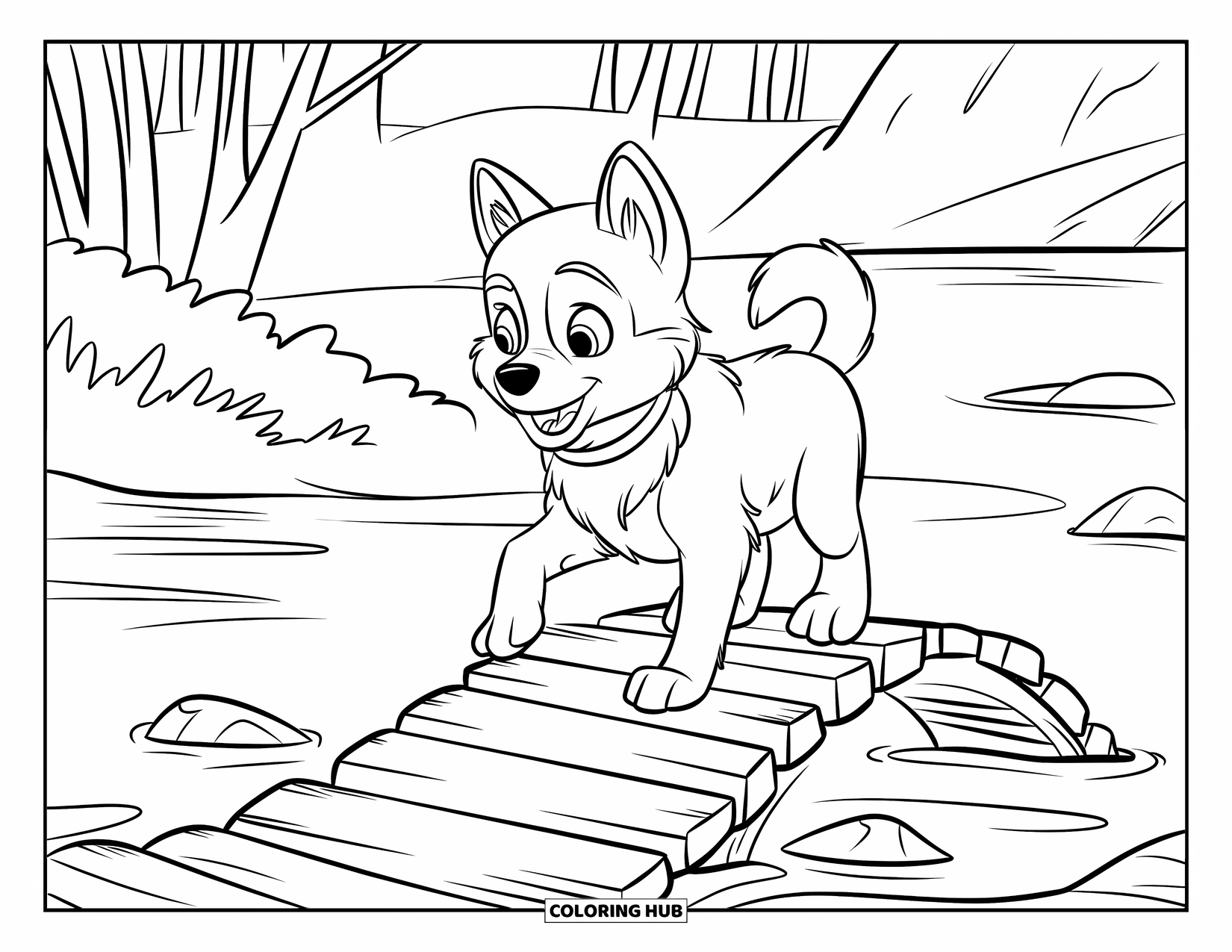 Husky Puppy Coloring Page for Kids: Puppy crossing a wooden bridge over water with mountains behind