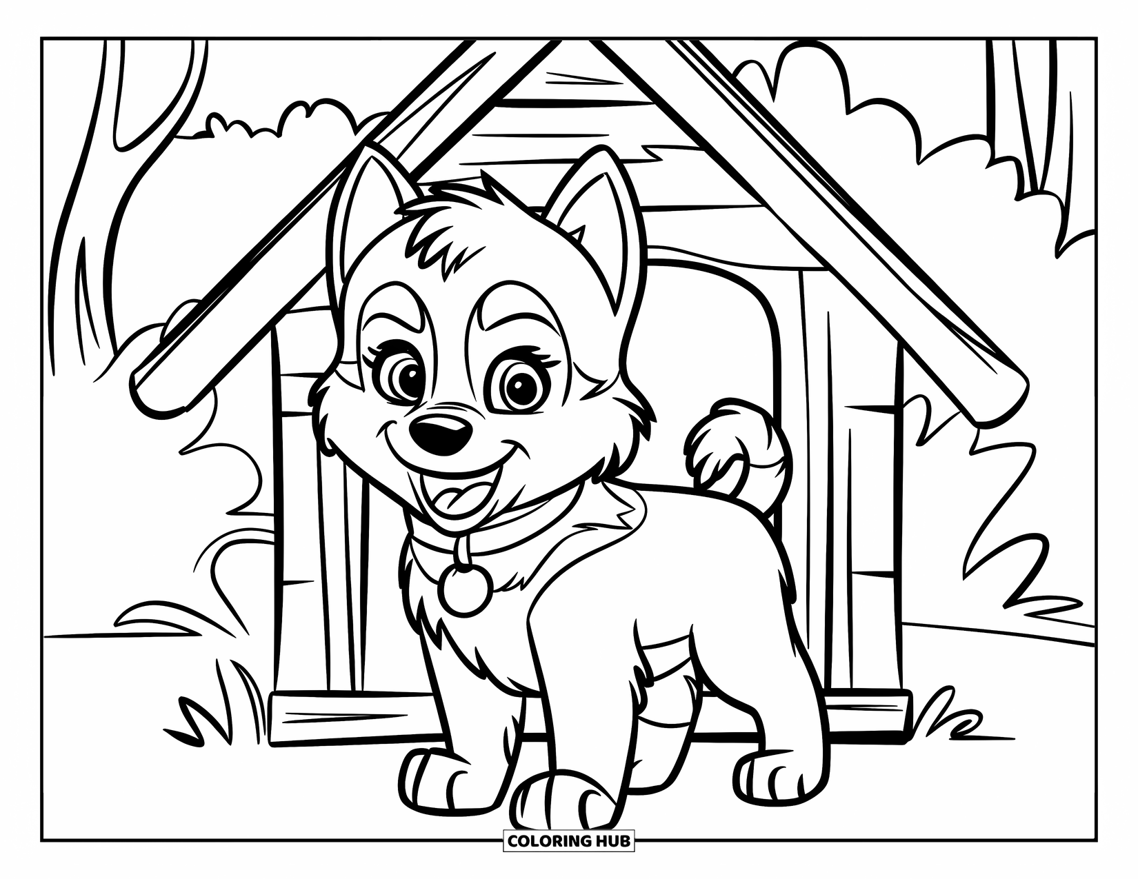 Husky Puppy Coloring Page for Kids: Puppy poses in front of a wooden doghouse with bold outlines