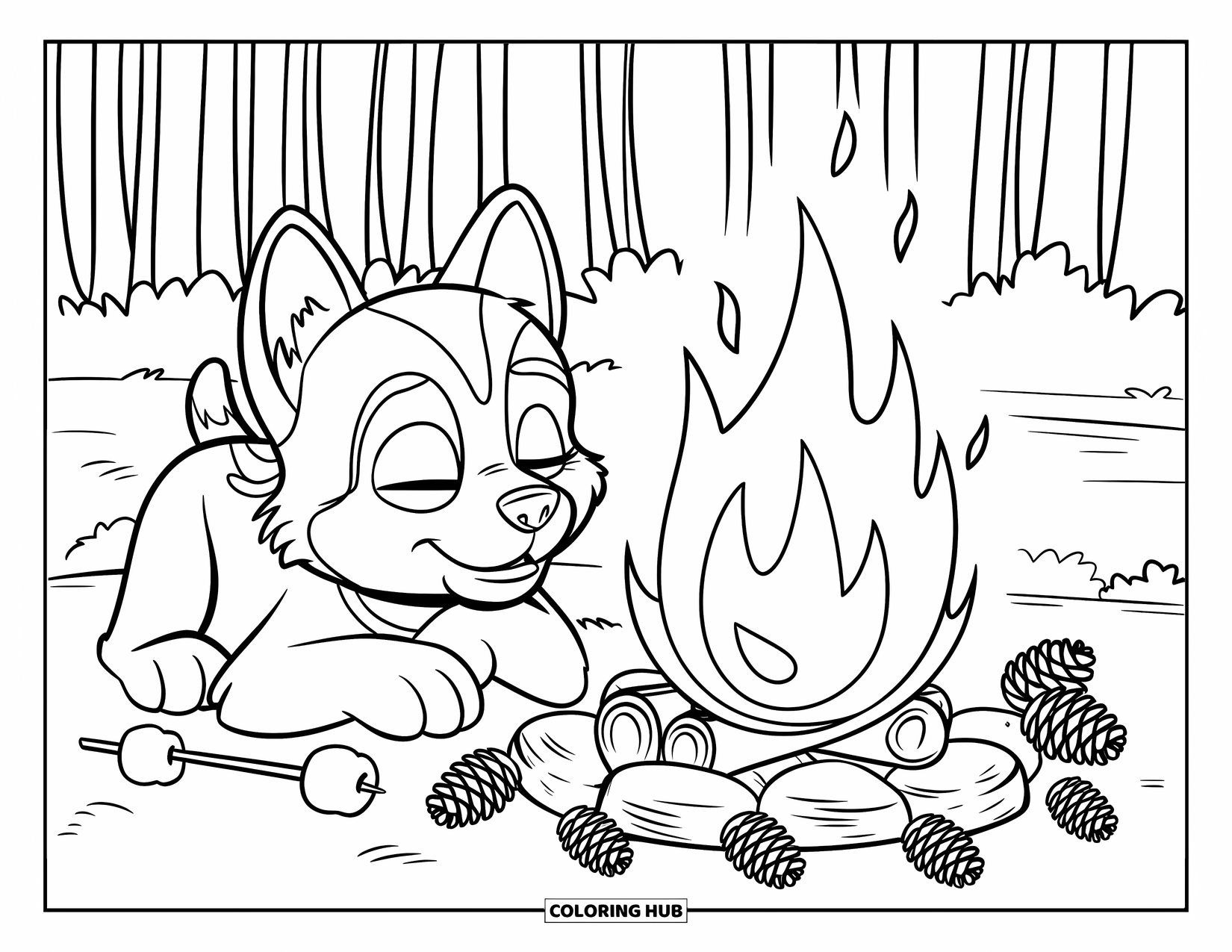 Husky Puppy Coloring Page for Kids: Puppy resting near a cozy campfire with marshmallows and tall trees nearby