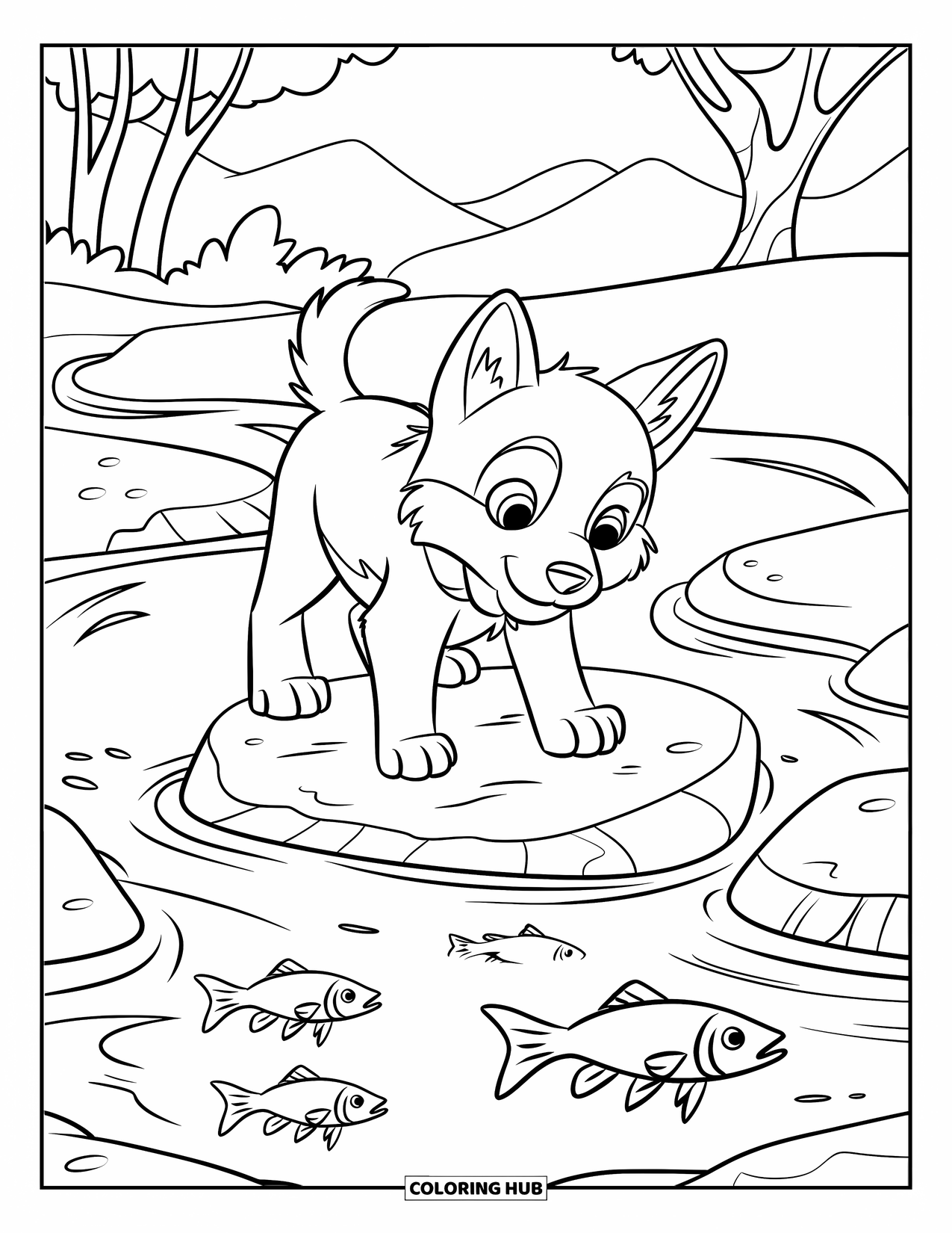 Husky Puppy Coloring Page for Kids: Puppy standing on a rock, watching fish swim in a shallow stream