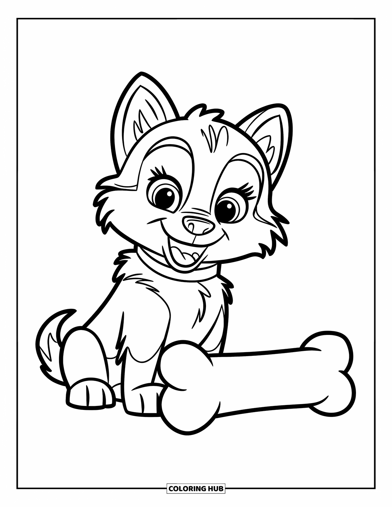 Husky Puppy Coloring Page for Kids: Puppy with a big bone sits happily on a white background