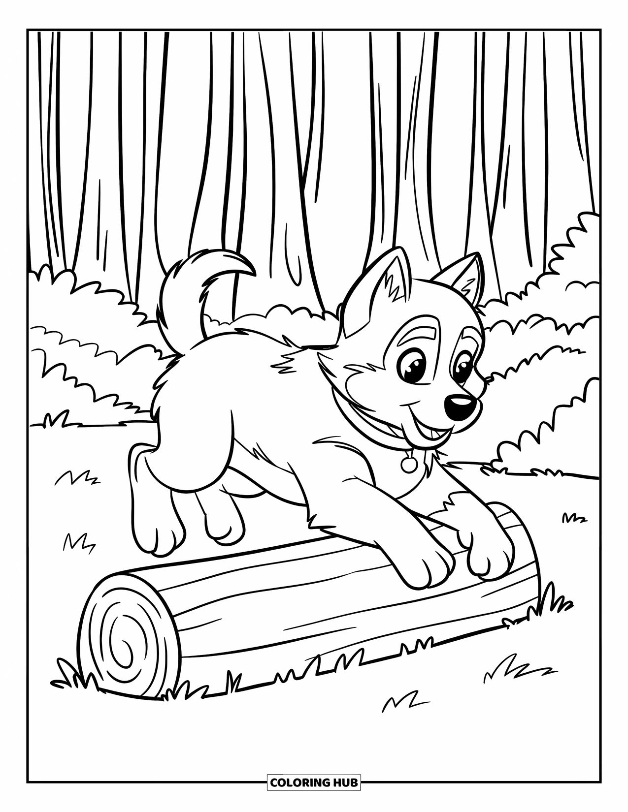 Husky Puppy Coloring Page for Kids: Puppy with fluffy fur leaps over a log among tall trees